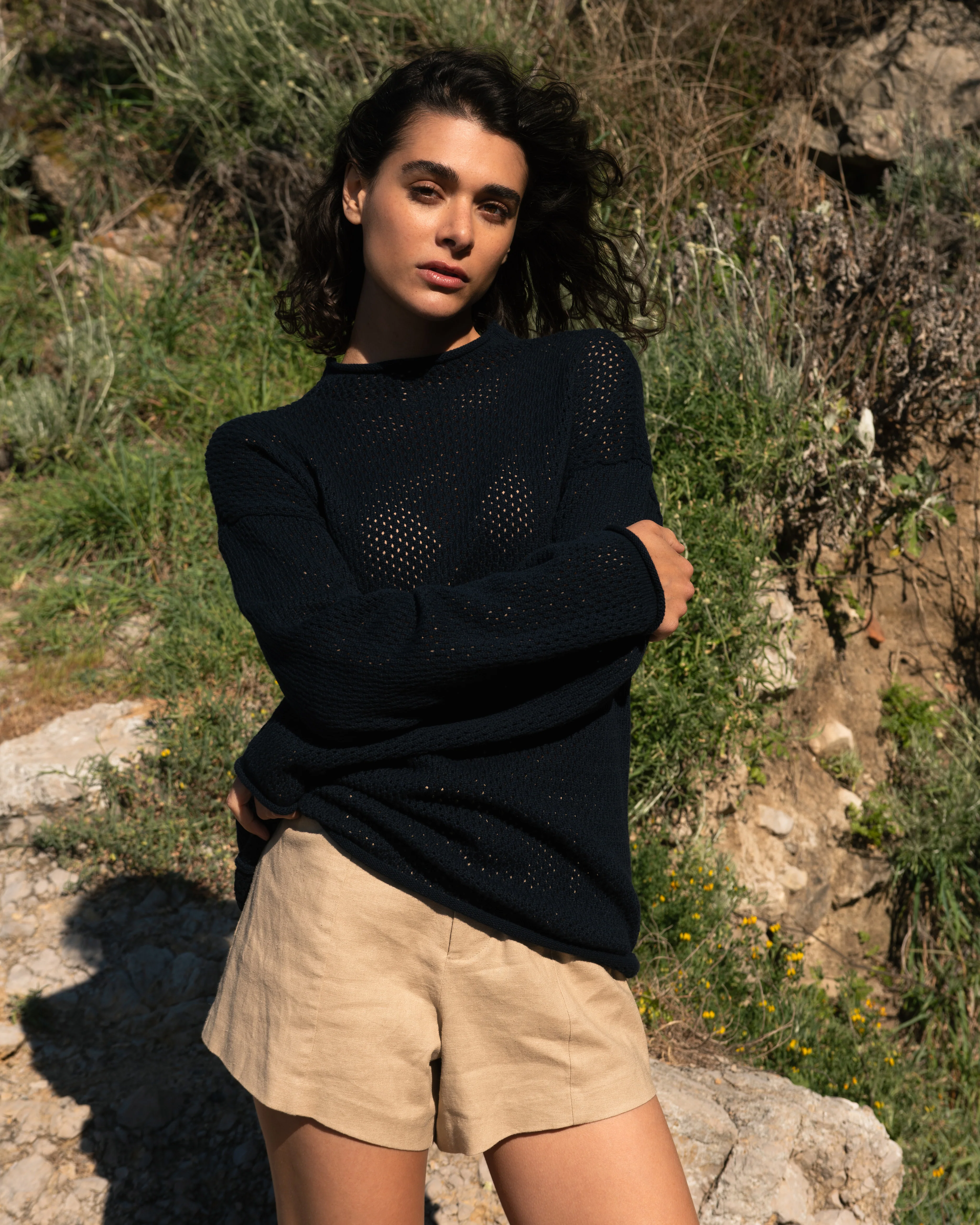 Positano Pointelle Mock Neck Sweater - Black - Image 2