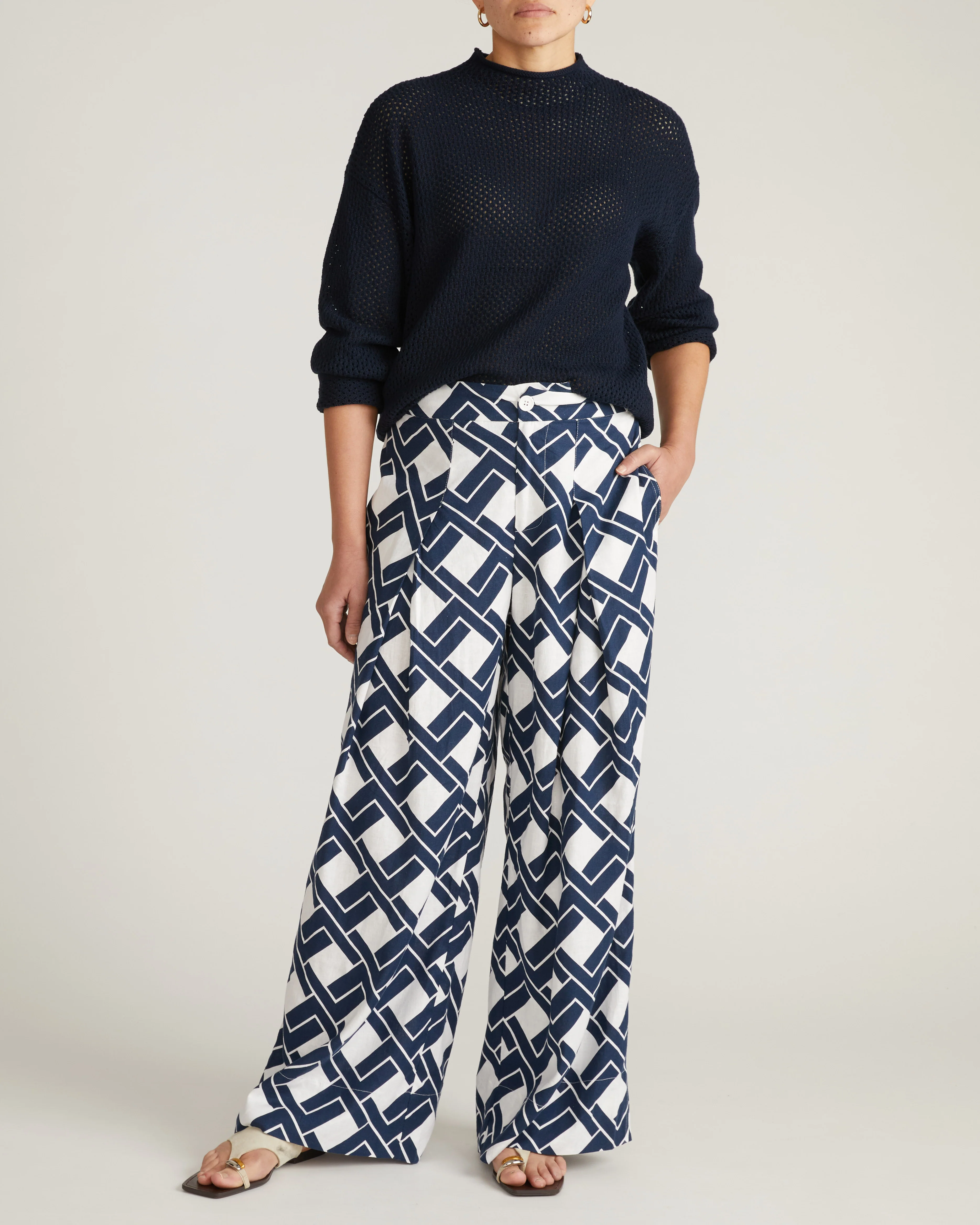 Positano Pointelle Mock Neck Sweater - Navy - Image 3