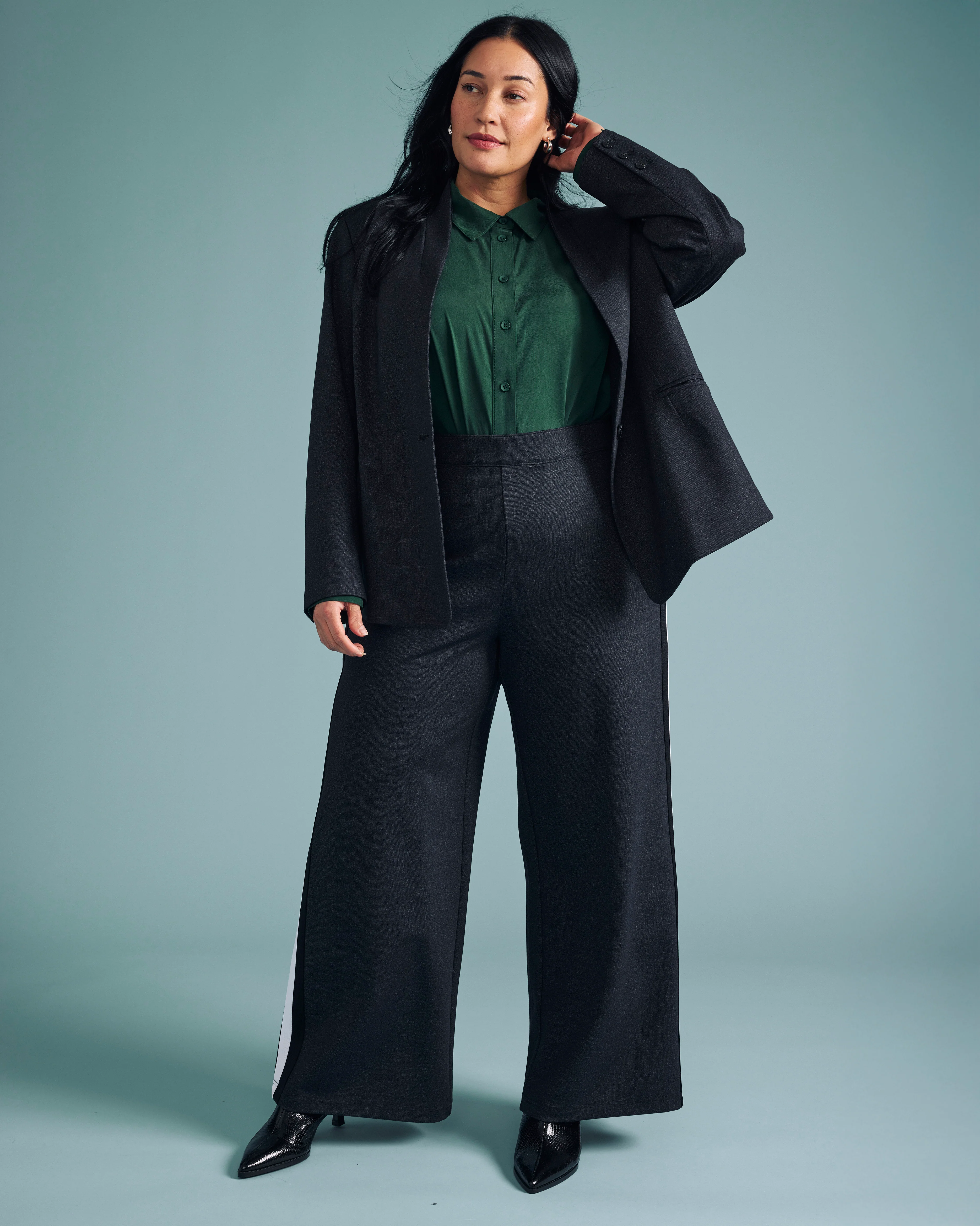 PowerPonte Denim Collarless Blazer - Charcoal - Image 3