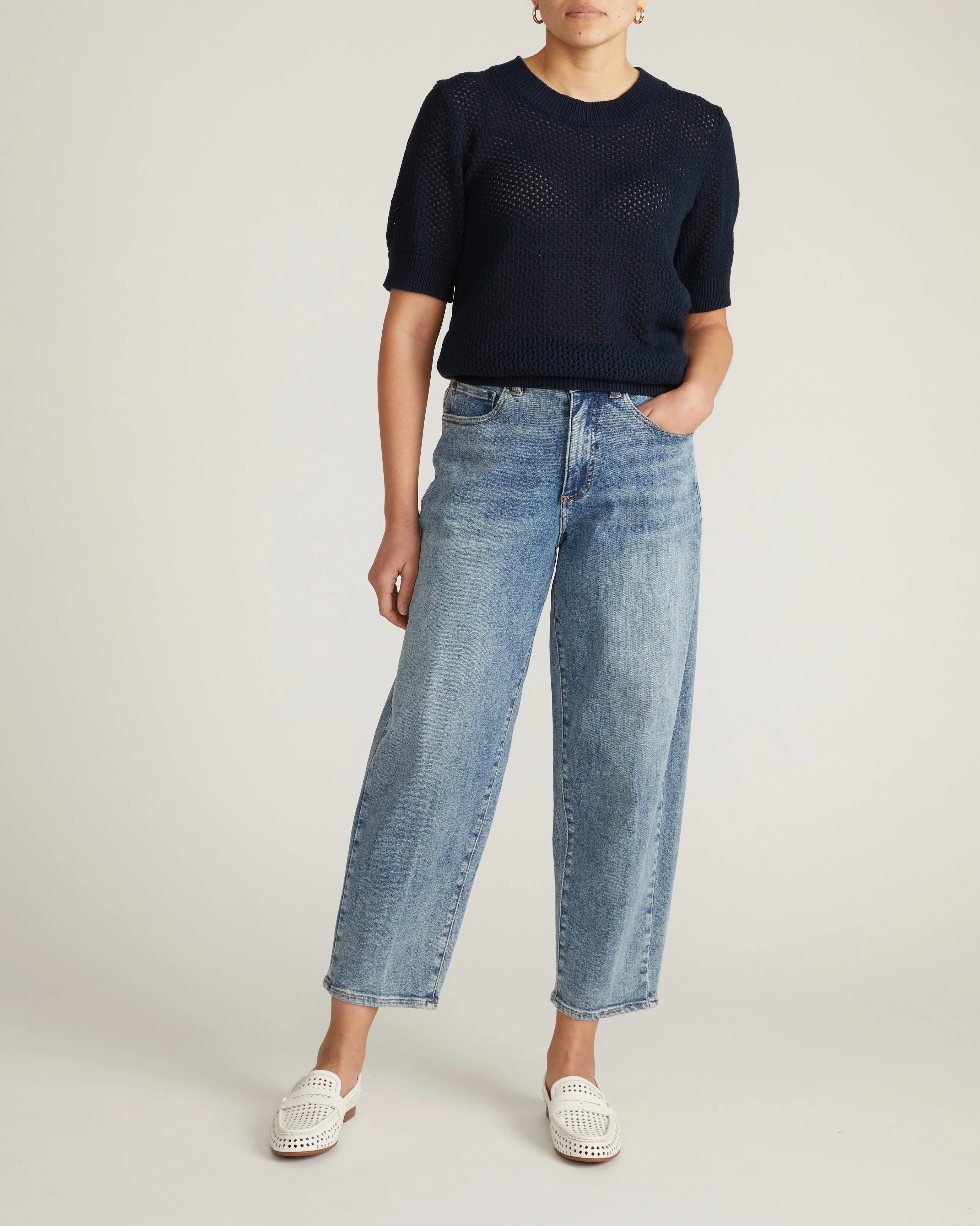 Rosie Pointelle Sweater Top - Navy - Image 3