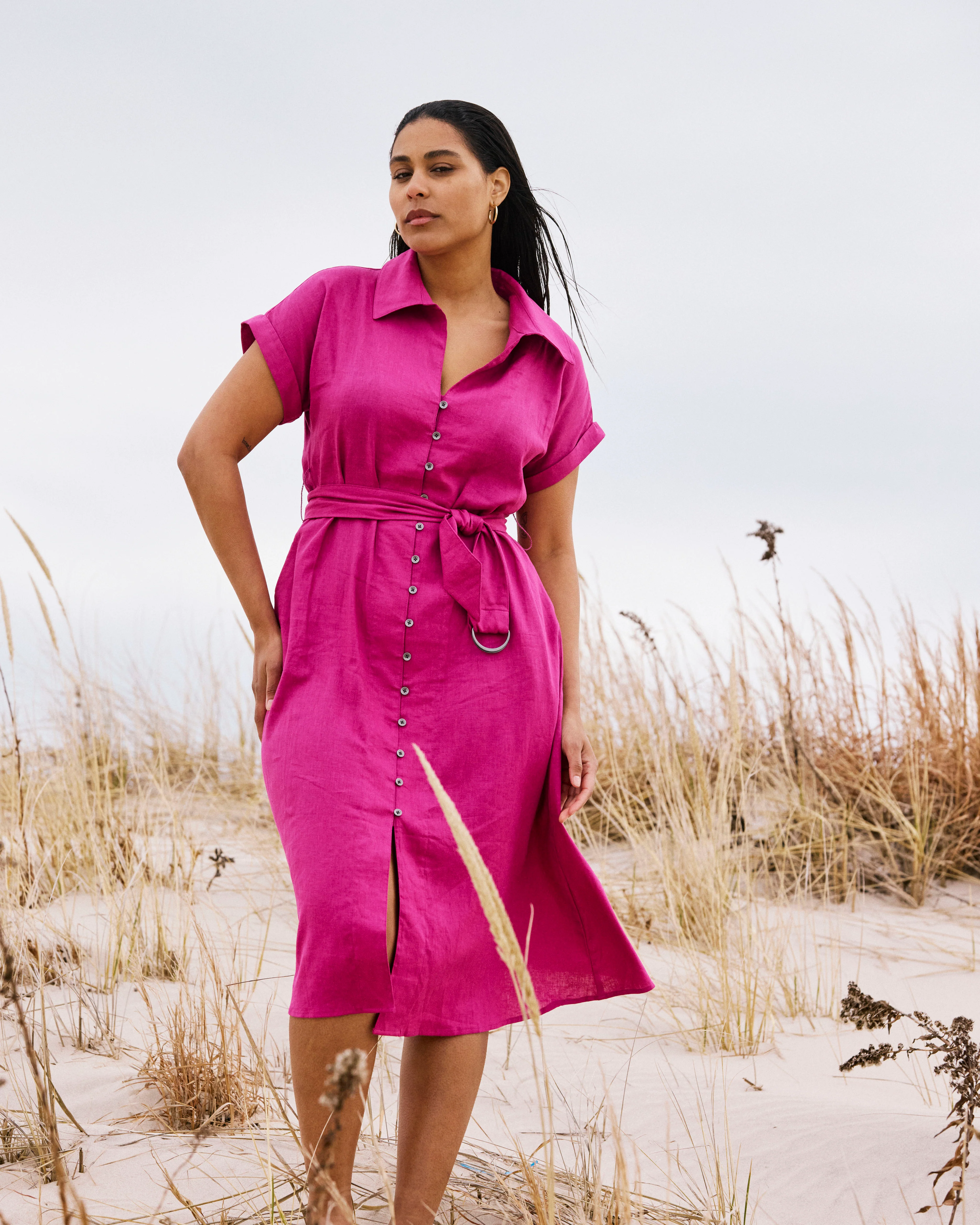 Sandy Stretch Linen Shirtdress - Hyper Pink - Image 3