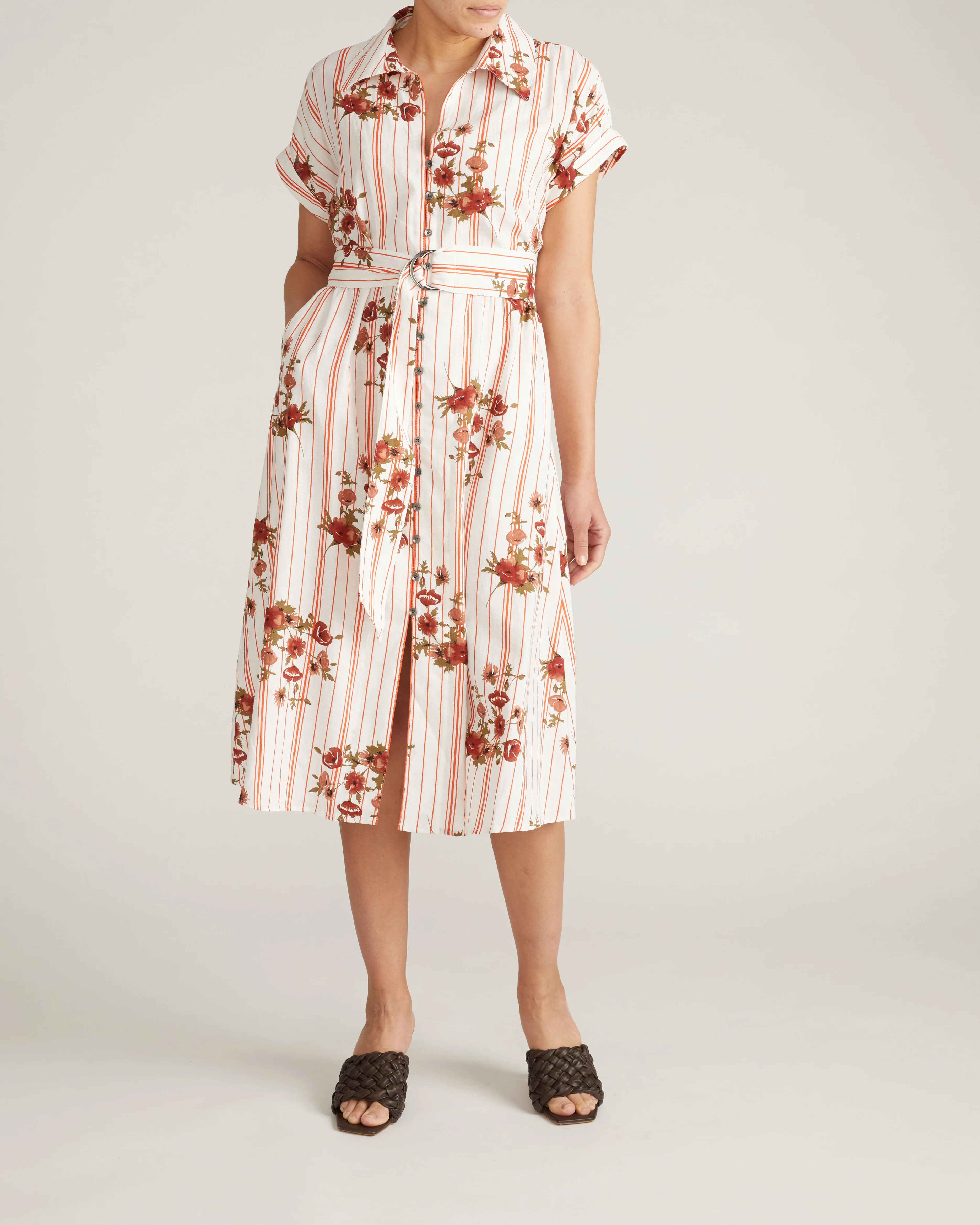 Sandy Stretch Linen Shirtdress - Wild Flower Bouquet Print on Stripes - Image 2