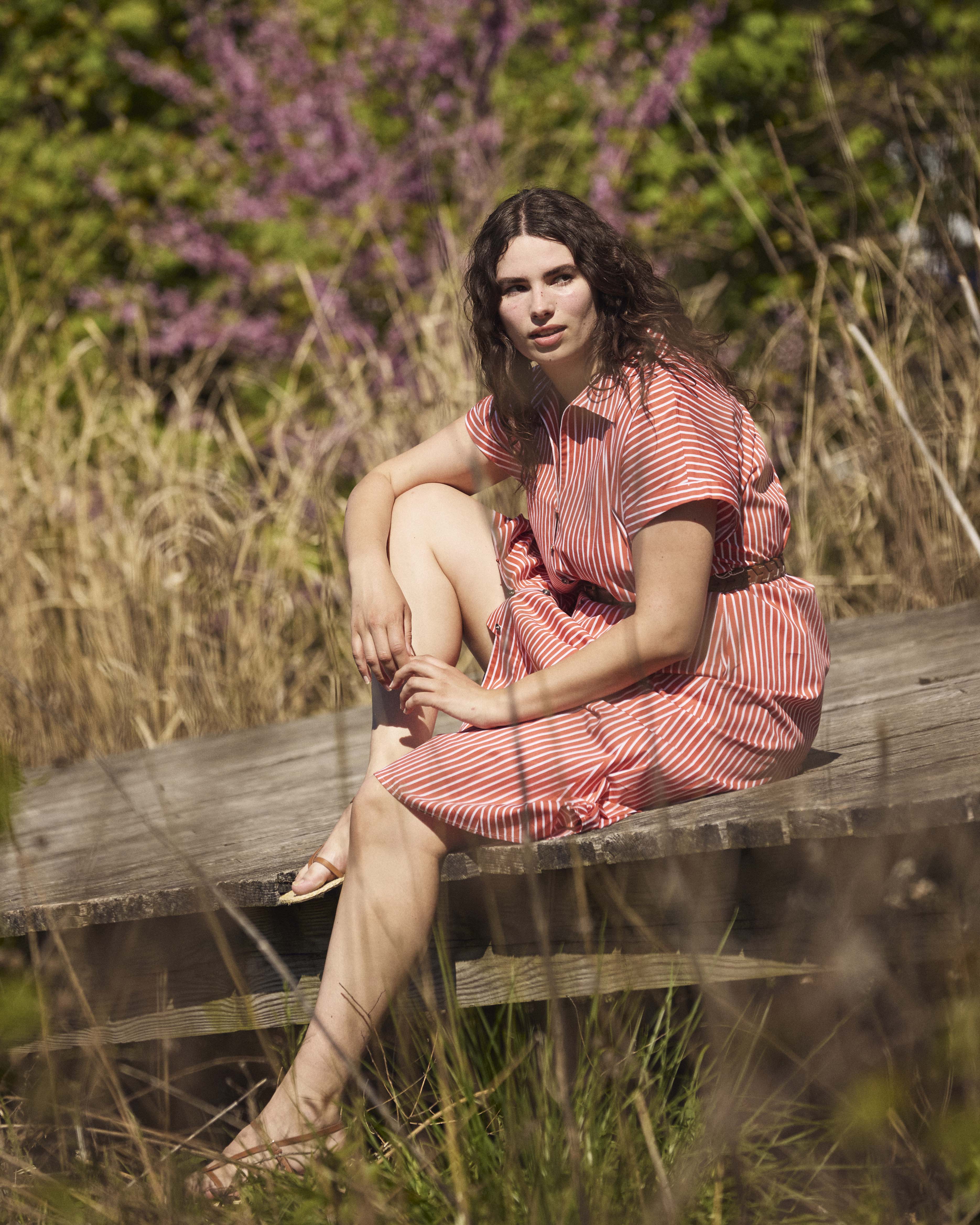 Sandy Stretch Poplin Shirtdress - Coral Reef/White Stripe - Image 2