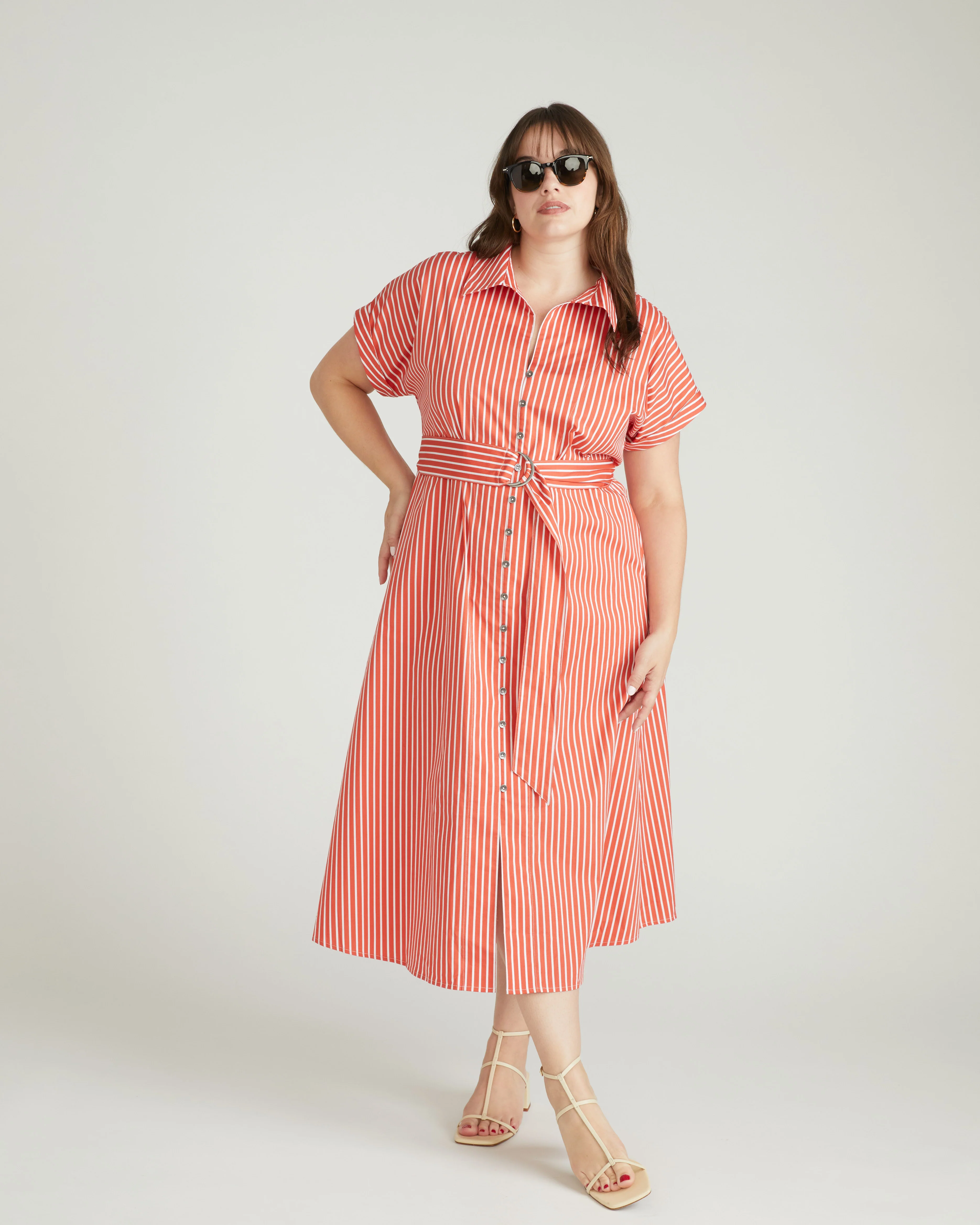 Sandy Stretch Poplin Shirtdress - Coral Reef/White Stripe - Image 3