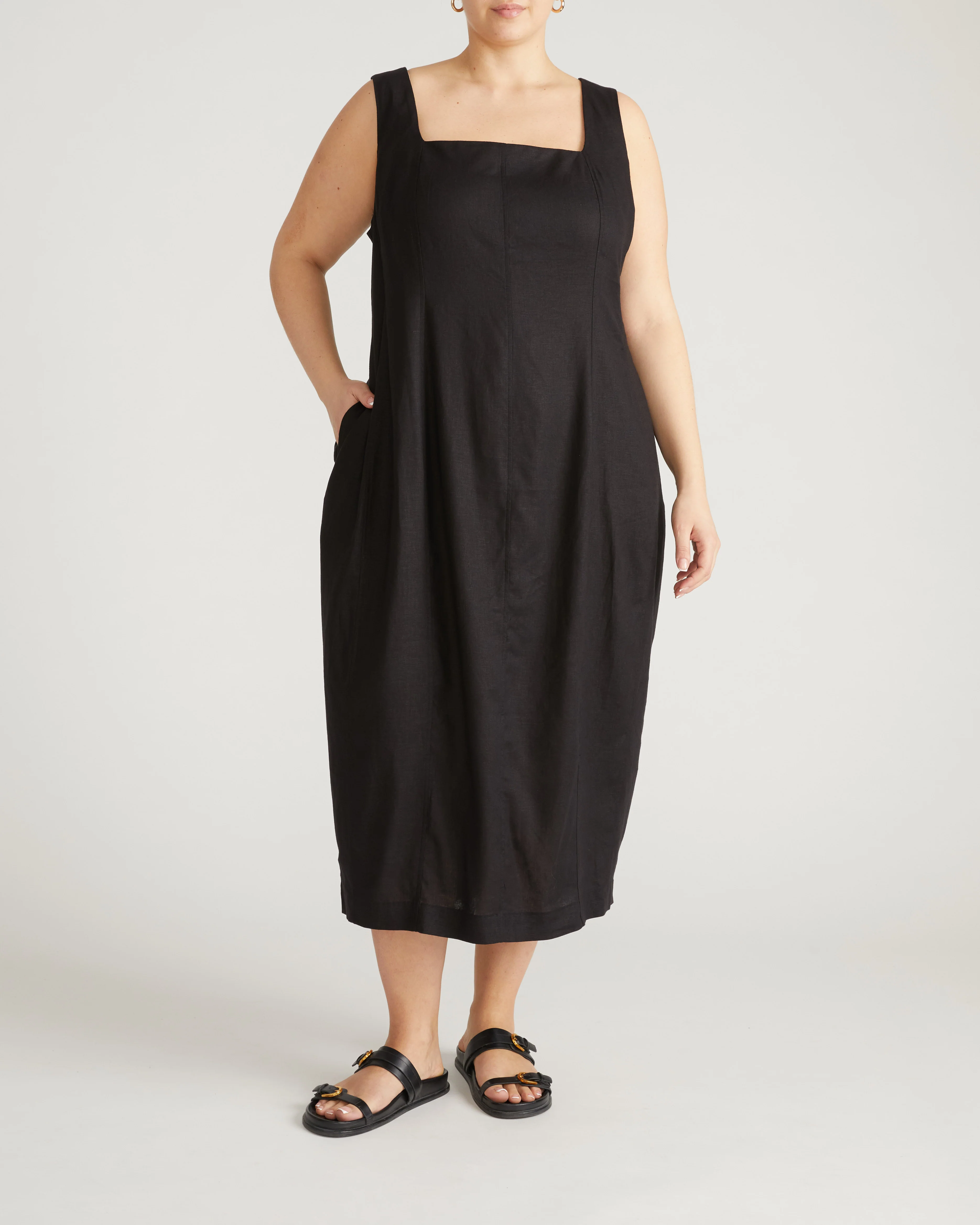 Saulay Square Neck Linen Midi Dress - Black - Image 2