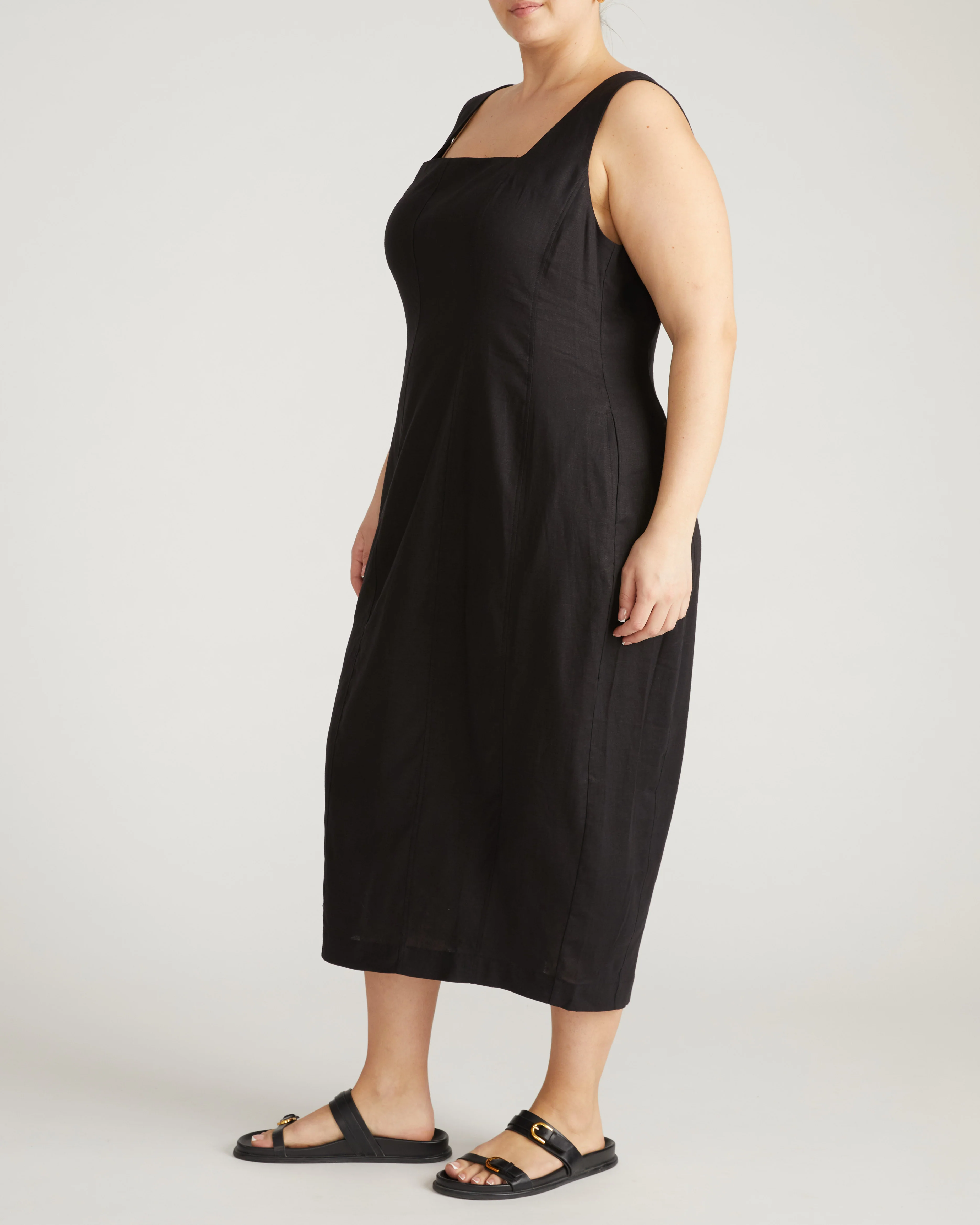 Saulay Square Neck Linen Midi Dress - Black - Image 3