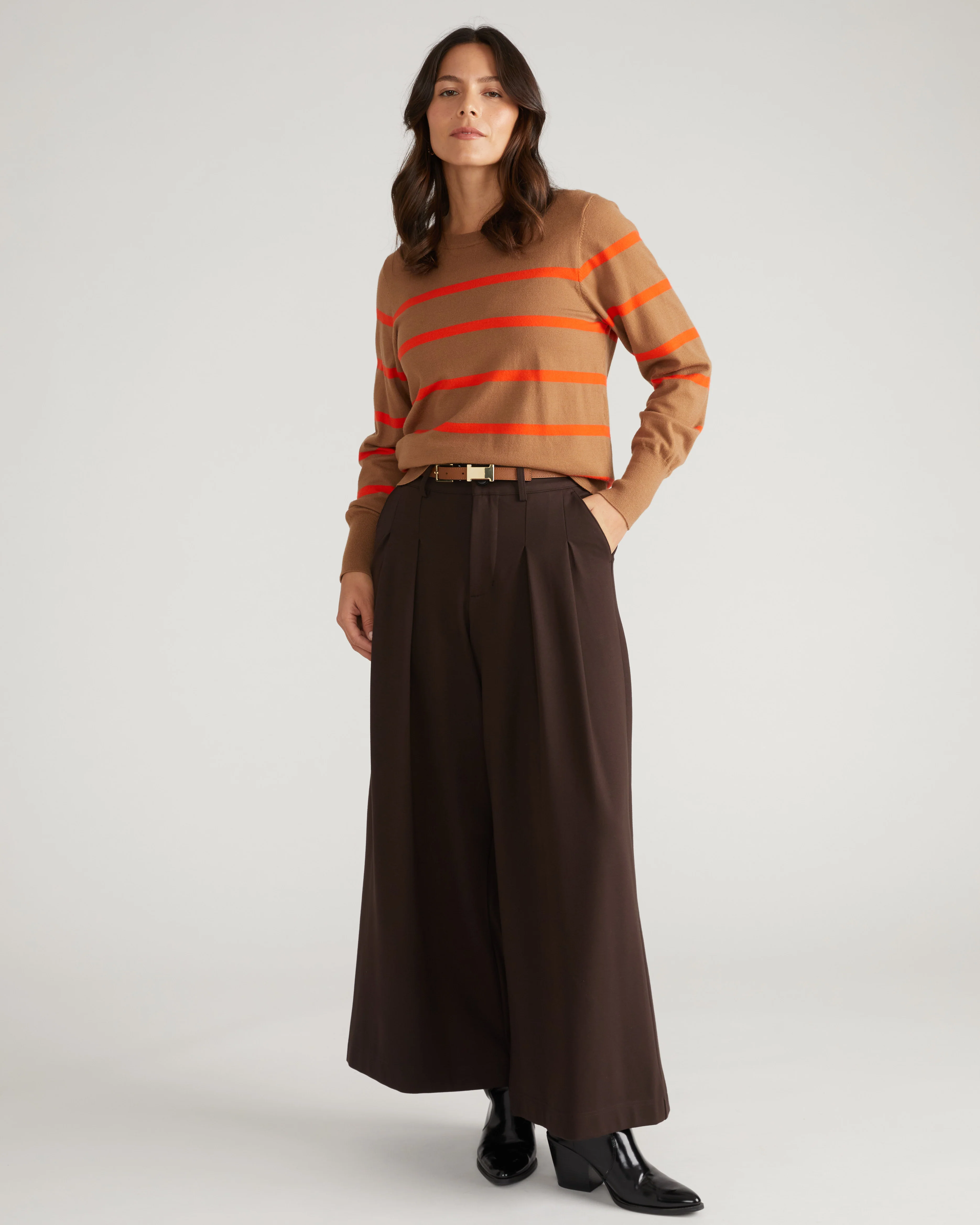 Savvy Fine Knit Crew Sweater - Classic Camel/Poppy Stripe - Image 4