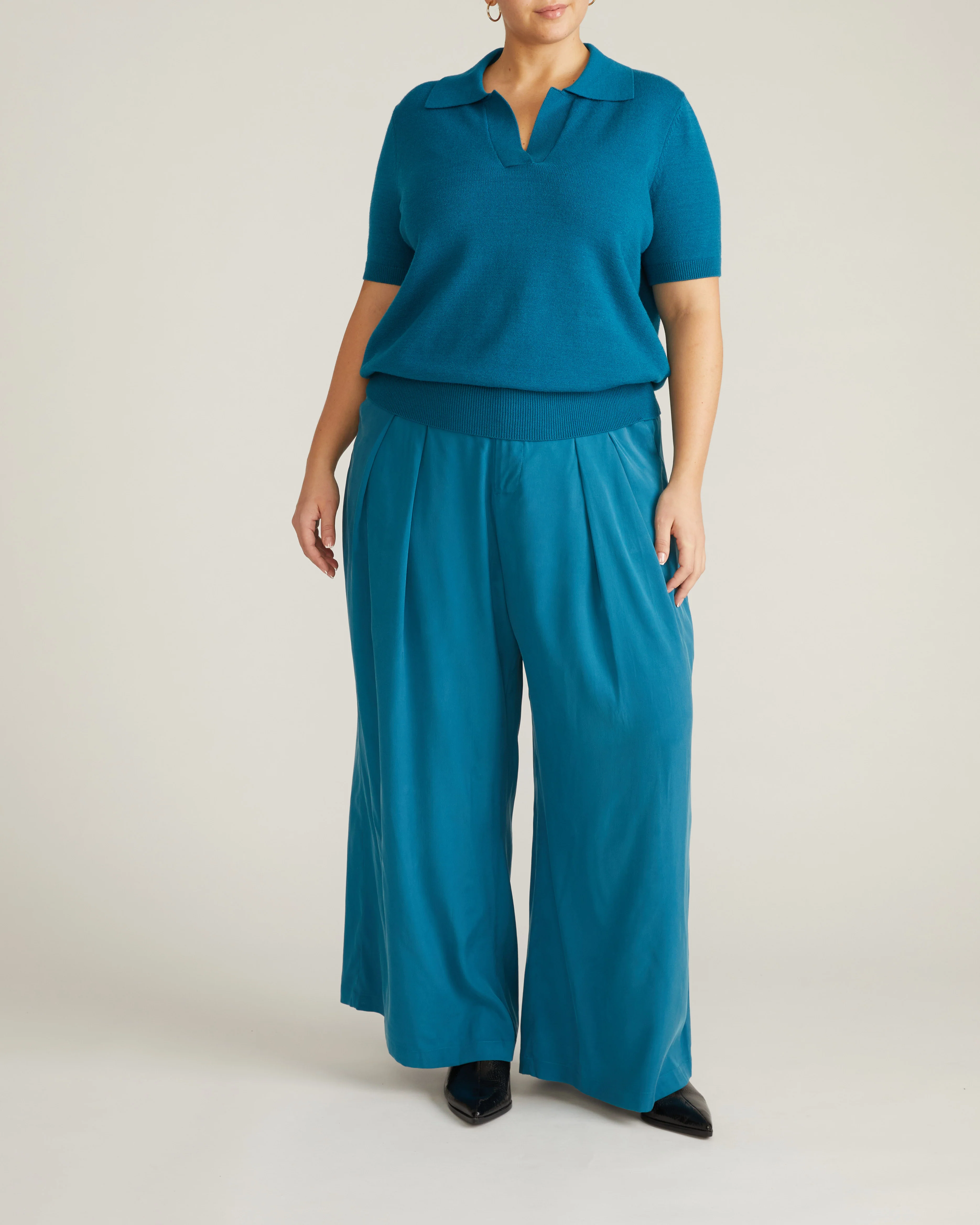 Savvy Fine Knit Short Sleeve Polo Sweater - Blue Beetle - Image 5