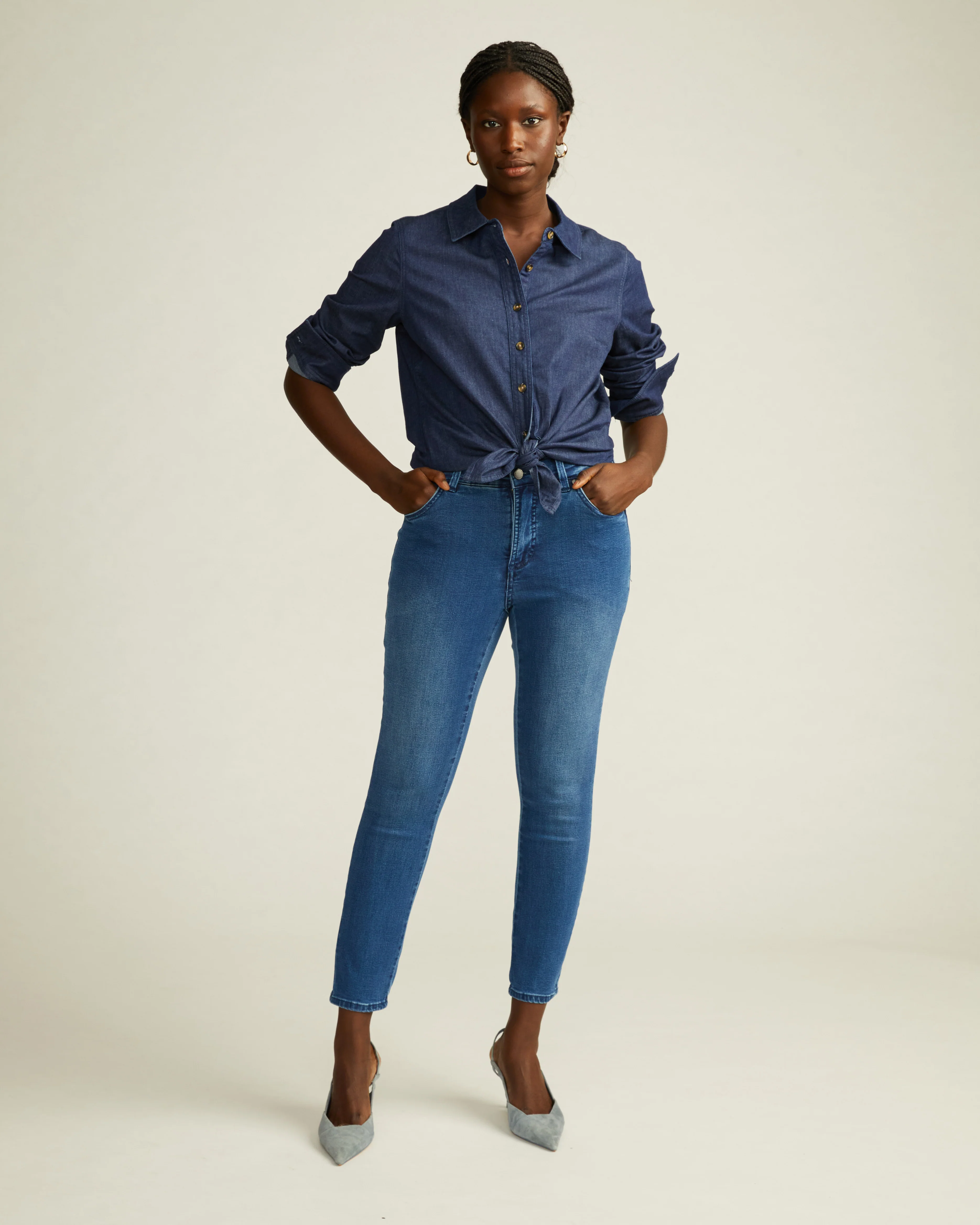 Minimalist Stretch Cotton Chambray Shirt - Dark Indigo - Image 8