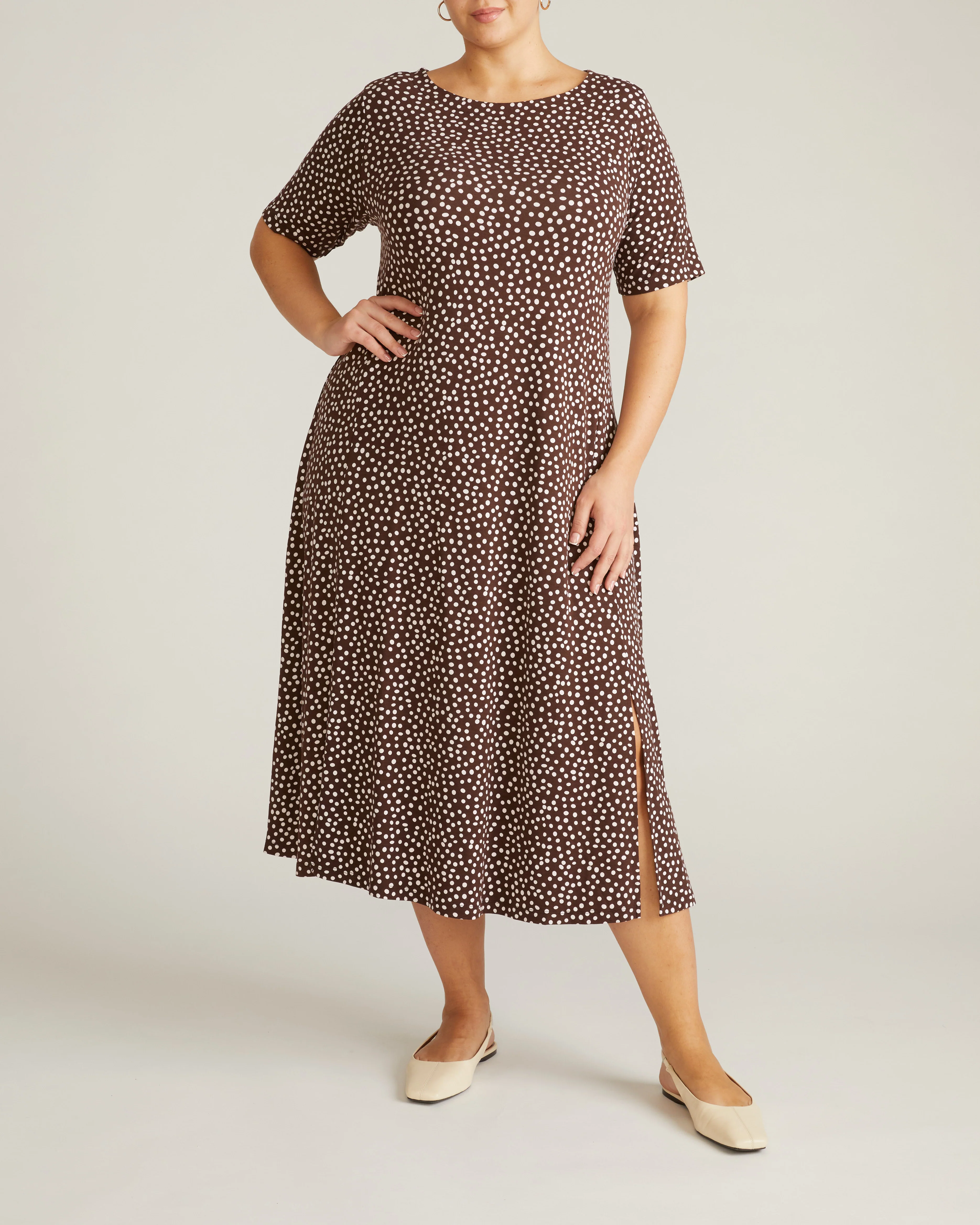 Serena Boatneck Divine Jersey Dress - Brown/White Dot Print - Image 3