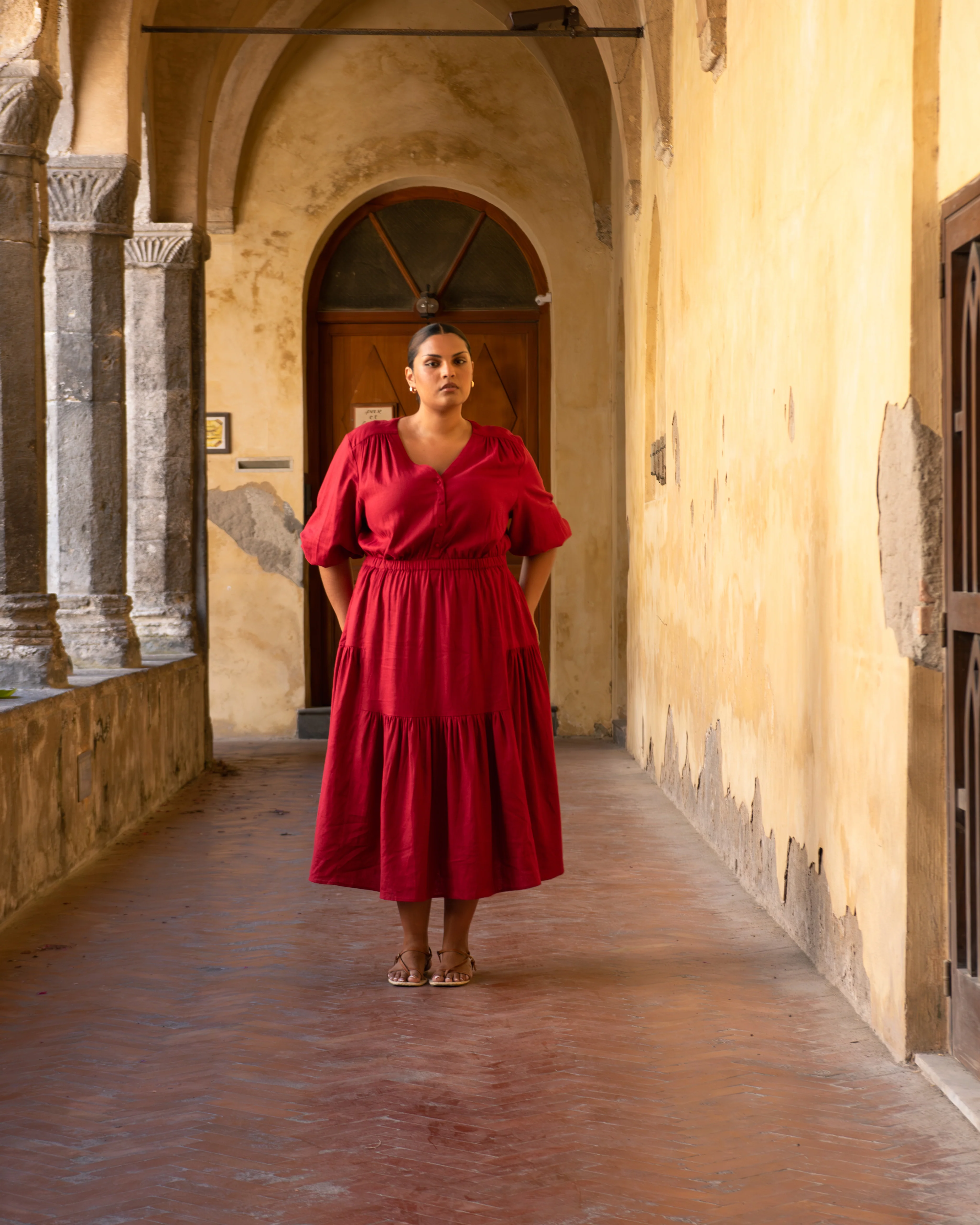 Sorrento Linen Midi Dress - Vibrant Red - Image 2