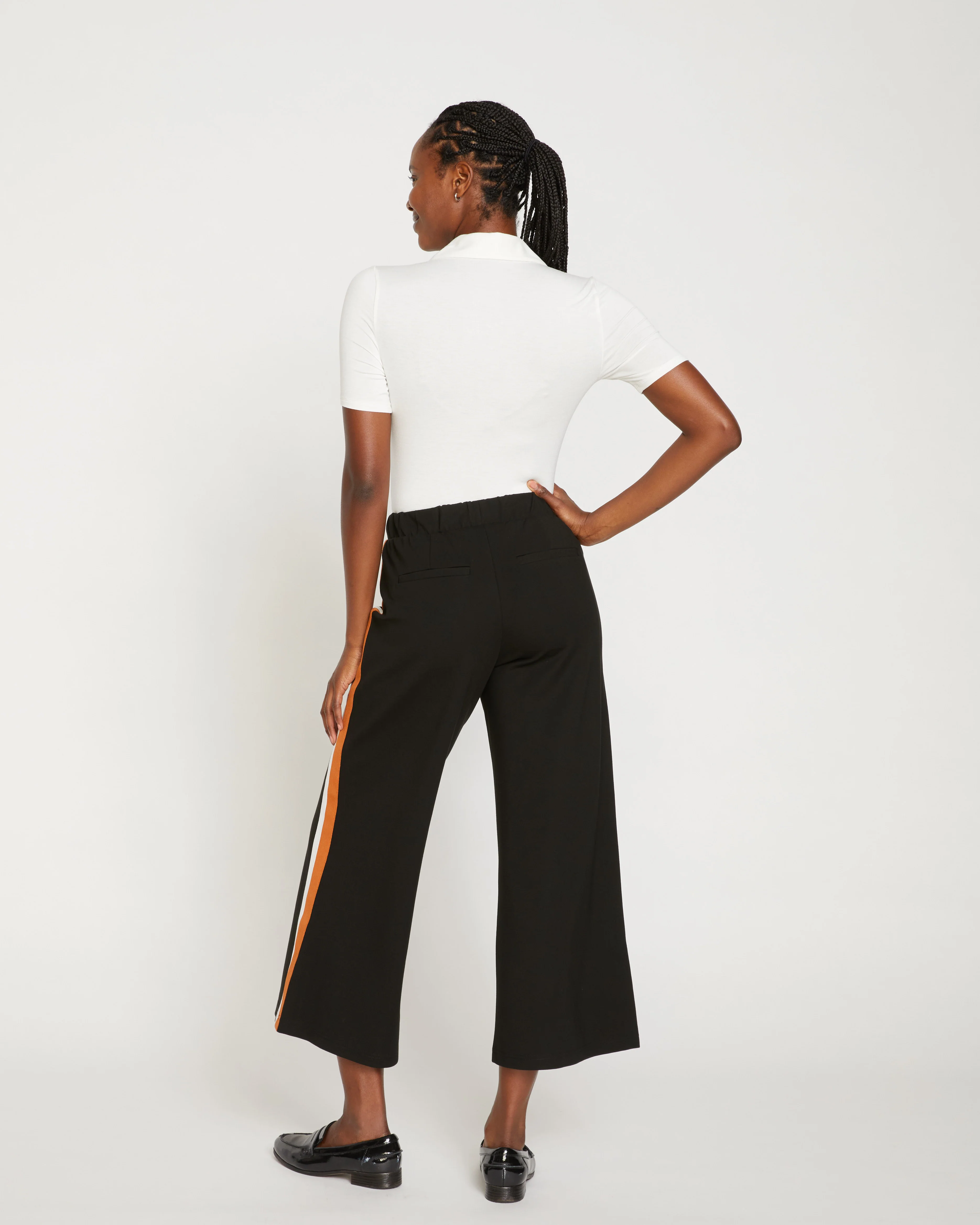Stephanie Wide Leg Stripe Ponte Pants 27 Inch - Black with Ochre/White Stripe - Image 4