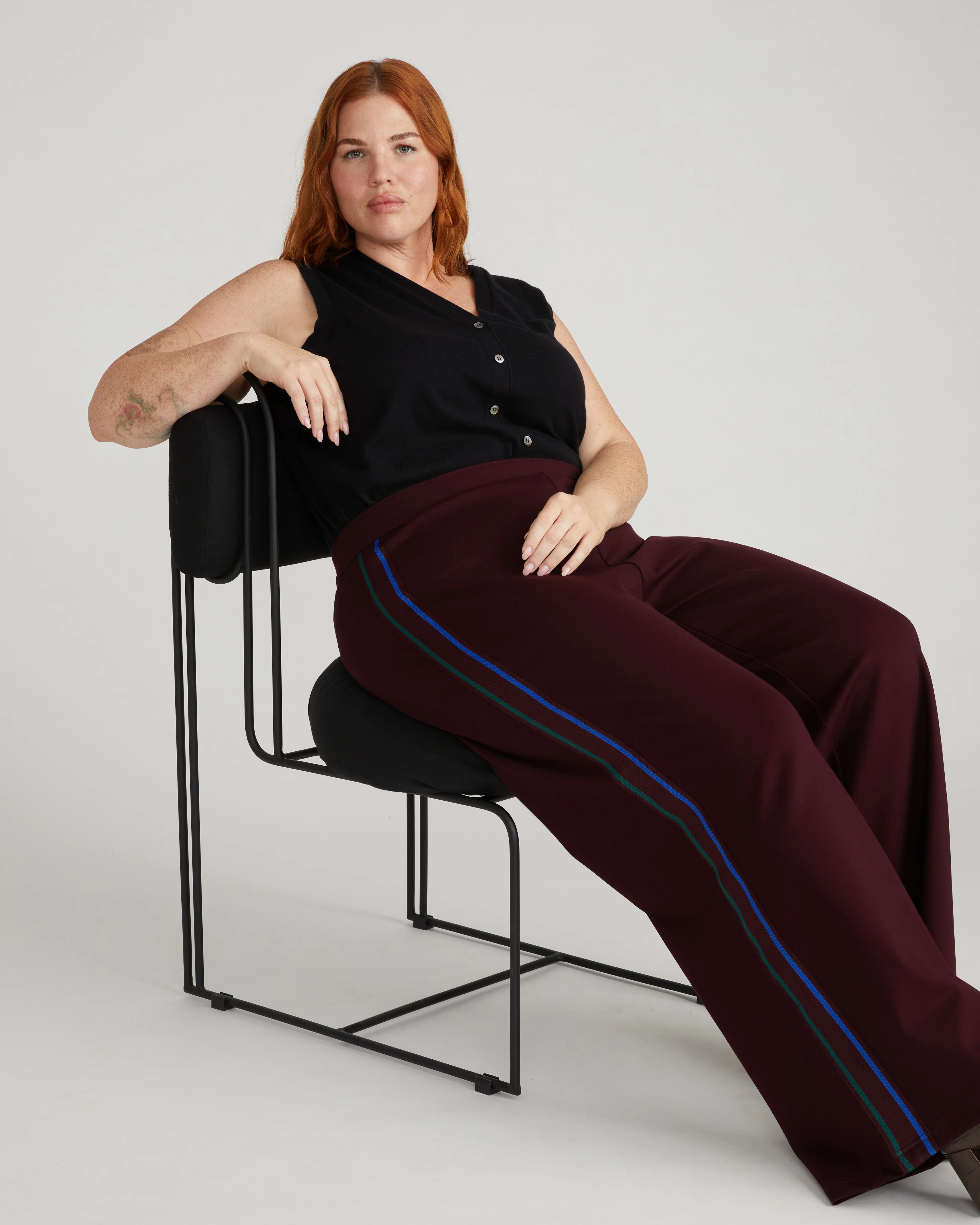 Stephanie Wide Leg Stripe Ponte Pants 30 Inch - Black Cherry with Green/Ultramarine Piping - Image 2