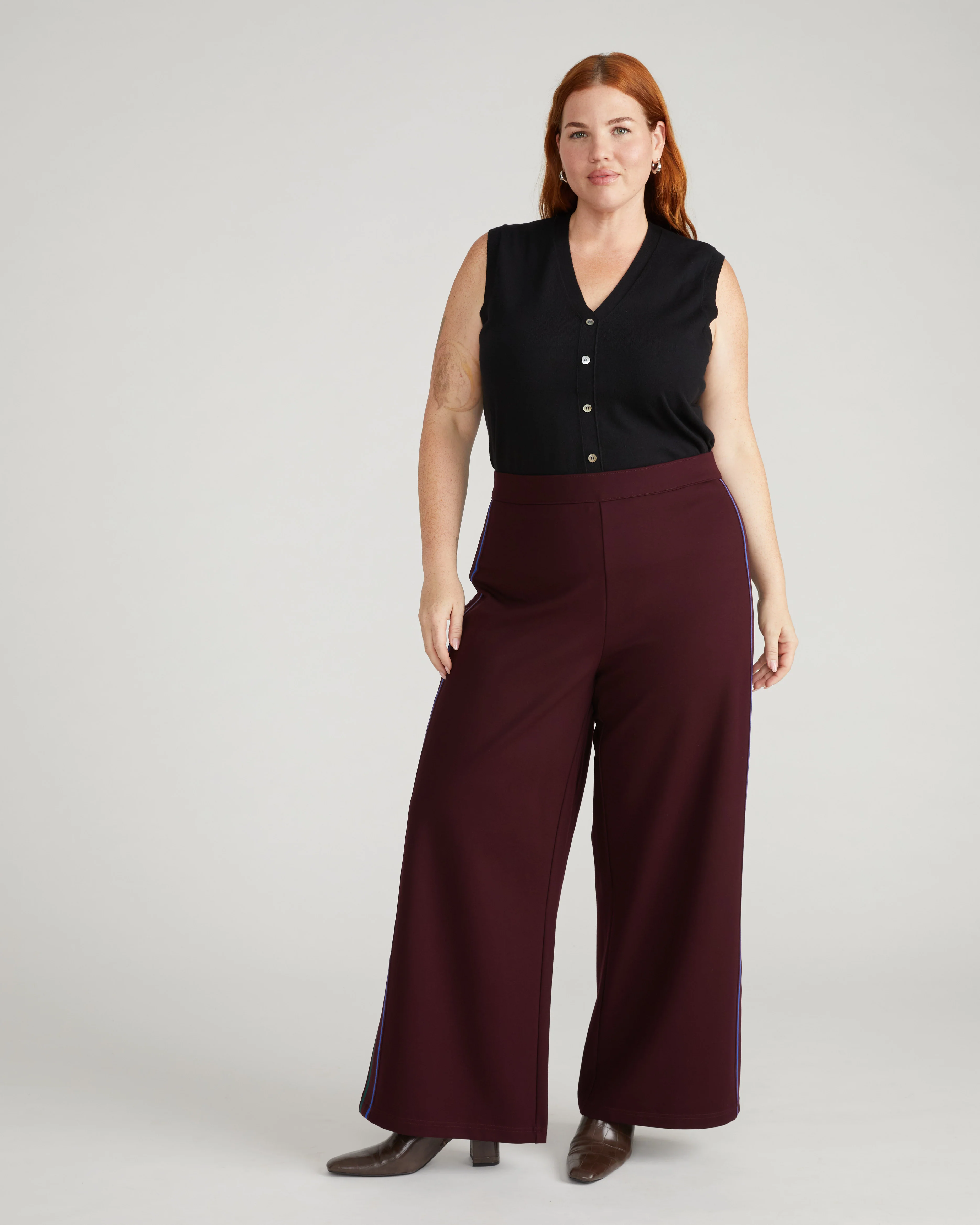 Stephanie Wide Leg Stripe Ponte Pants 30 Inch - Black Cherry with Green/Ultramarine Piping - Image 3