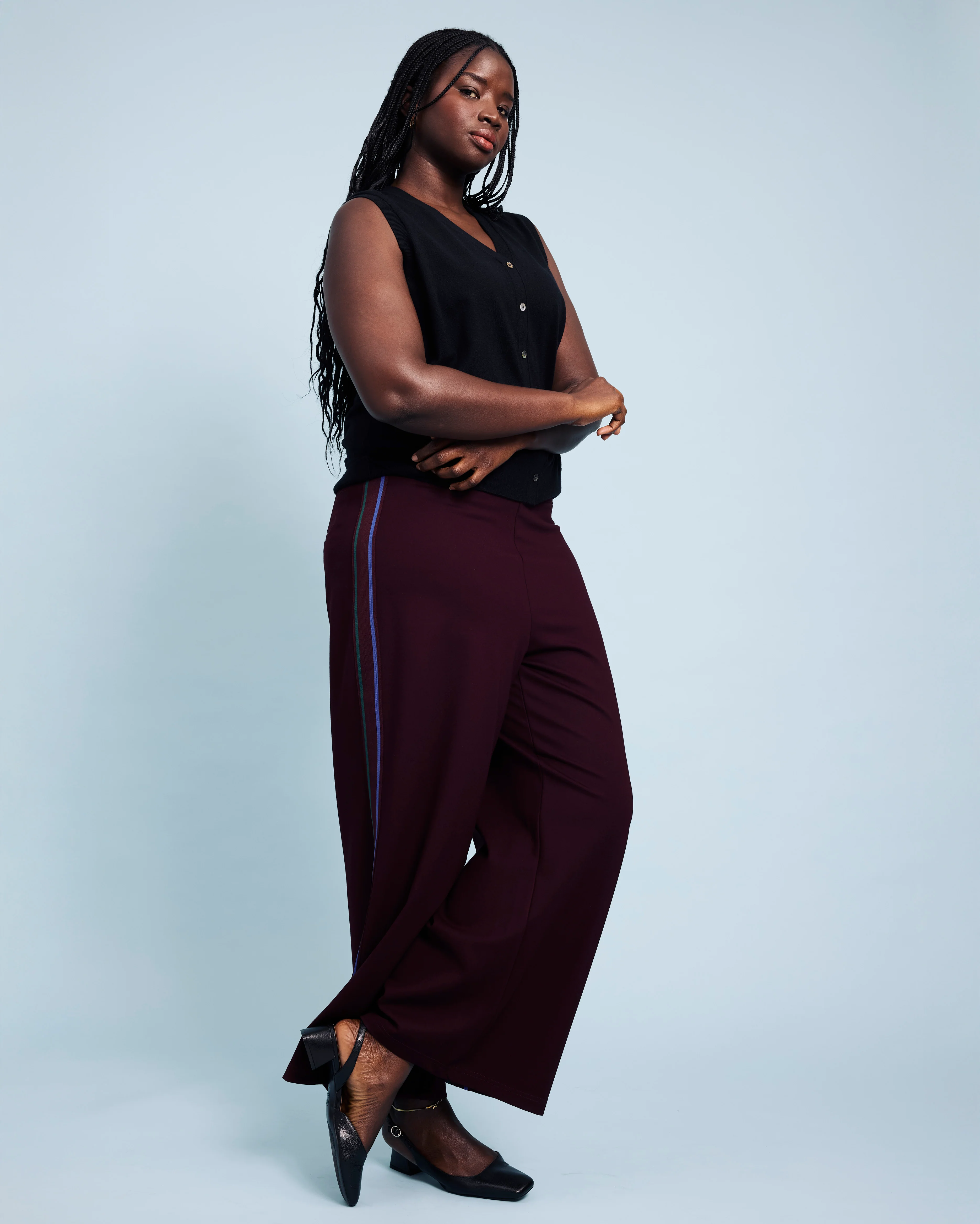 Stephanie Wide Leg Stripe Ponte Pants 30 Inch - Black Cherry with Green/Ultramarine Piping - Image 4