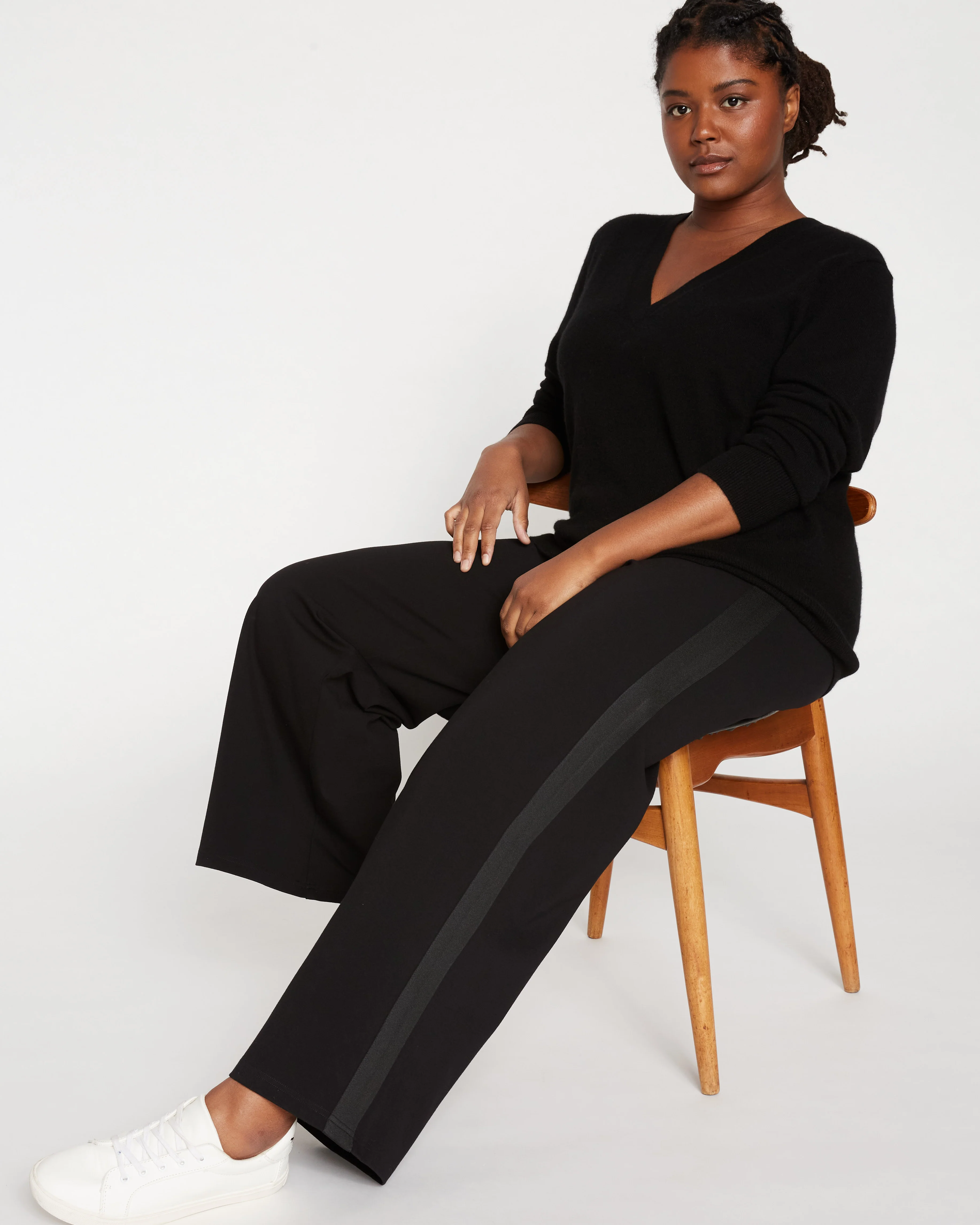 Stephanie Wide Leg Stripe Ponte Pants 30 Inch - Black with Black Stripe - Image 5