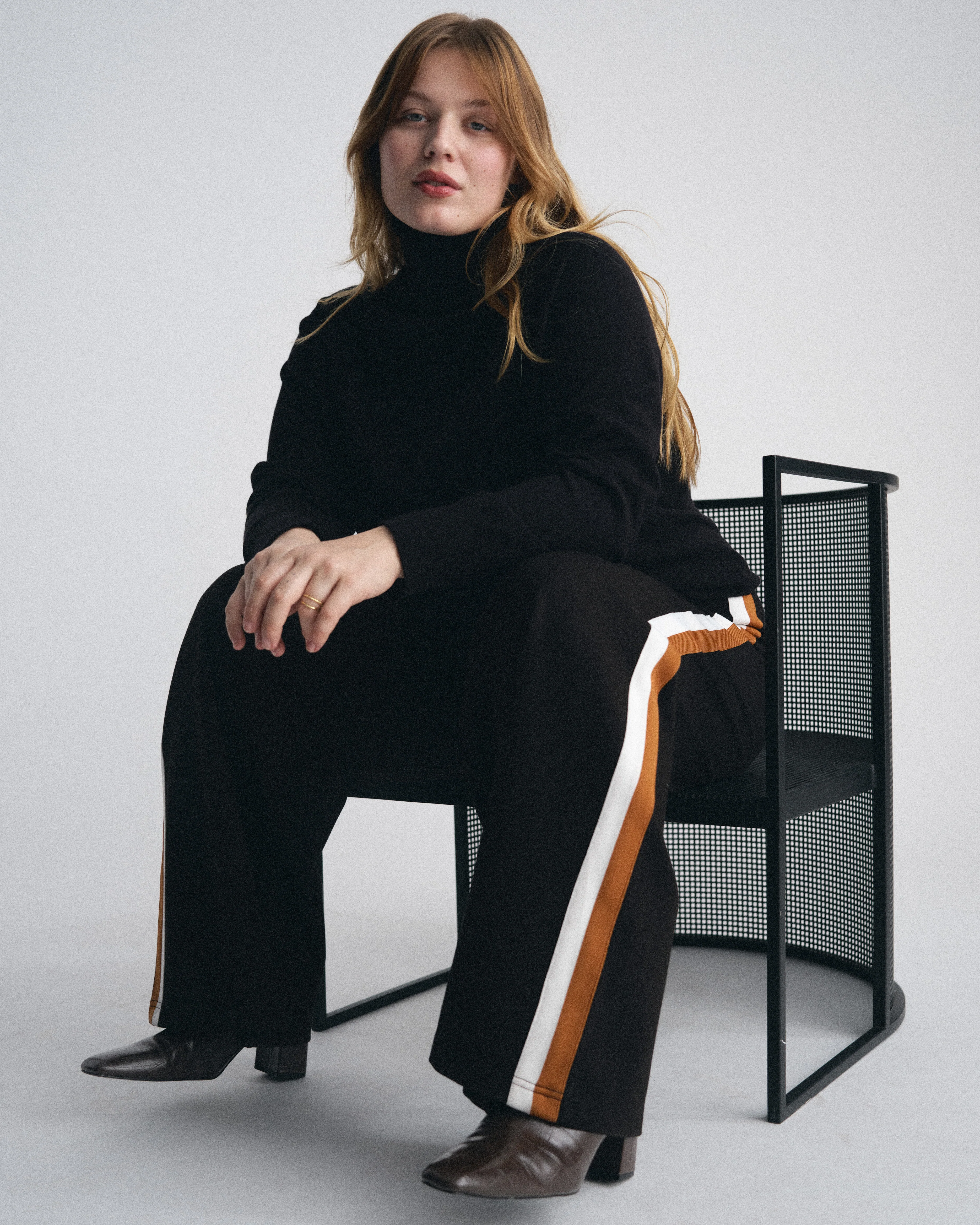 Stephanie Wide Leg Stripe Ponte Pants 30 Inch - Black with Ochre/White Stripe - Image 3
