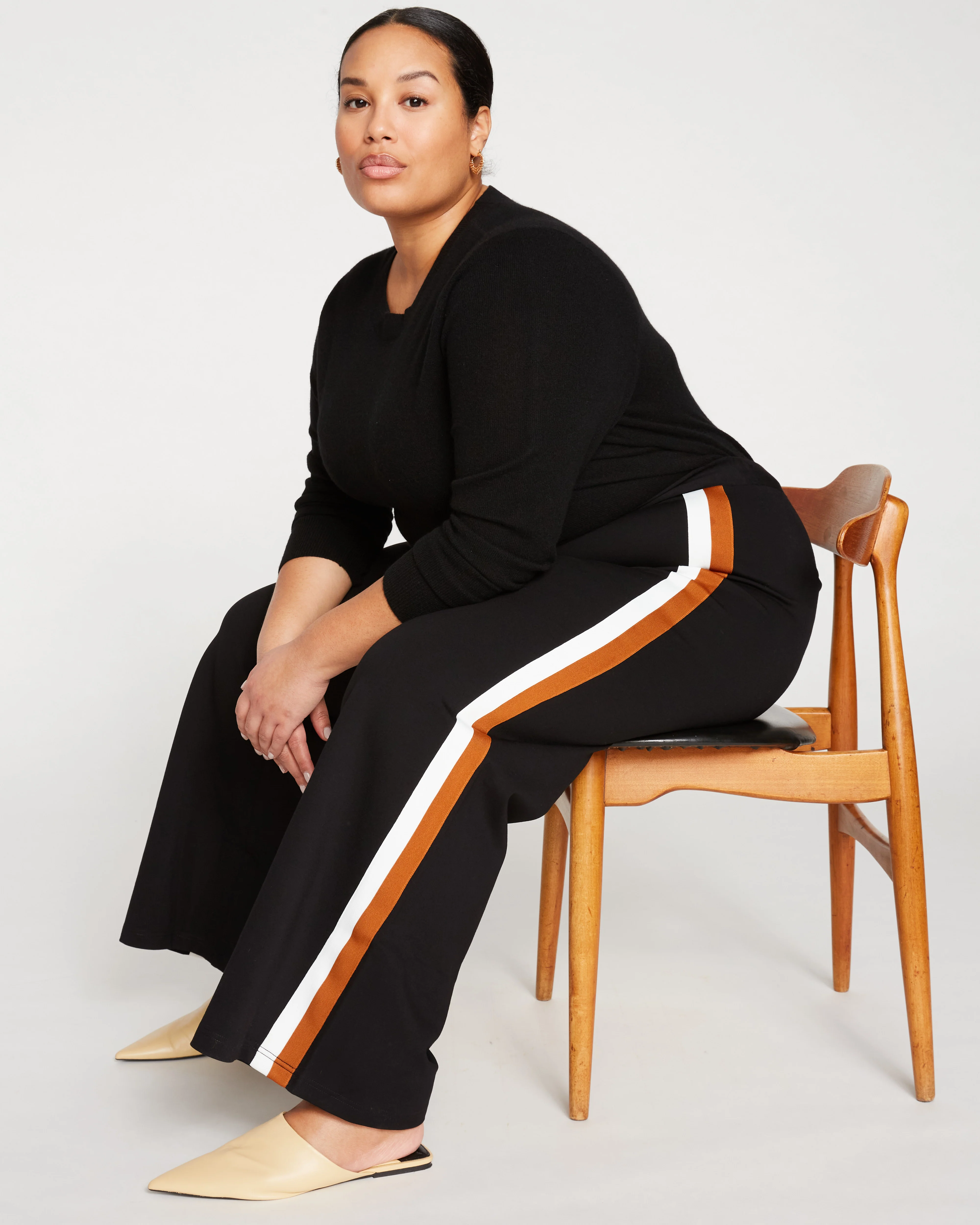Stephanie Wide Leg Stripe Ponte Pants 30 Inch - Black with Ochre/White Stripe - Image 5
