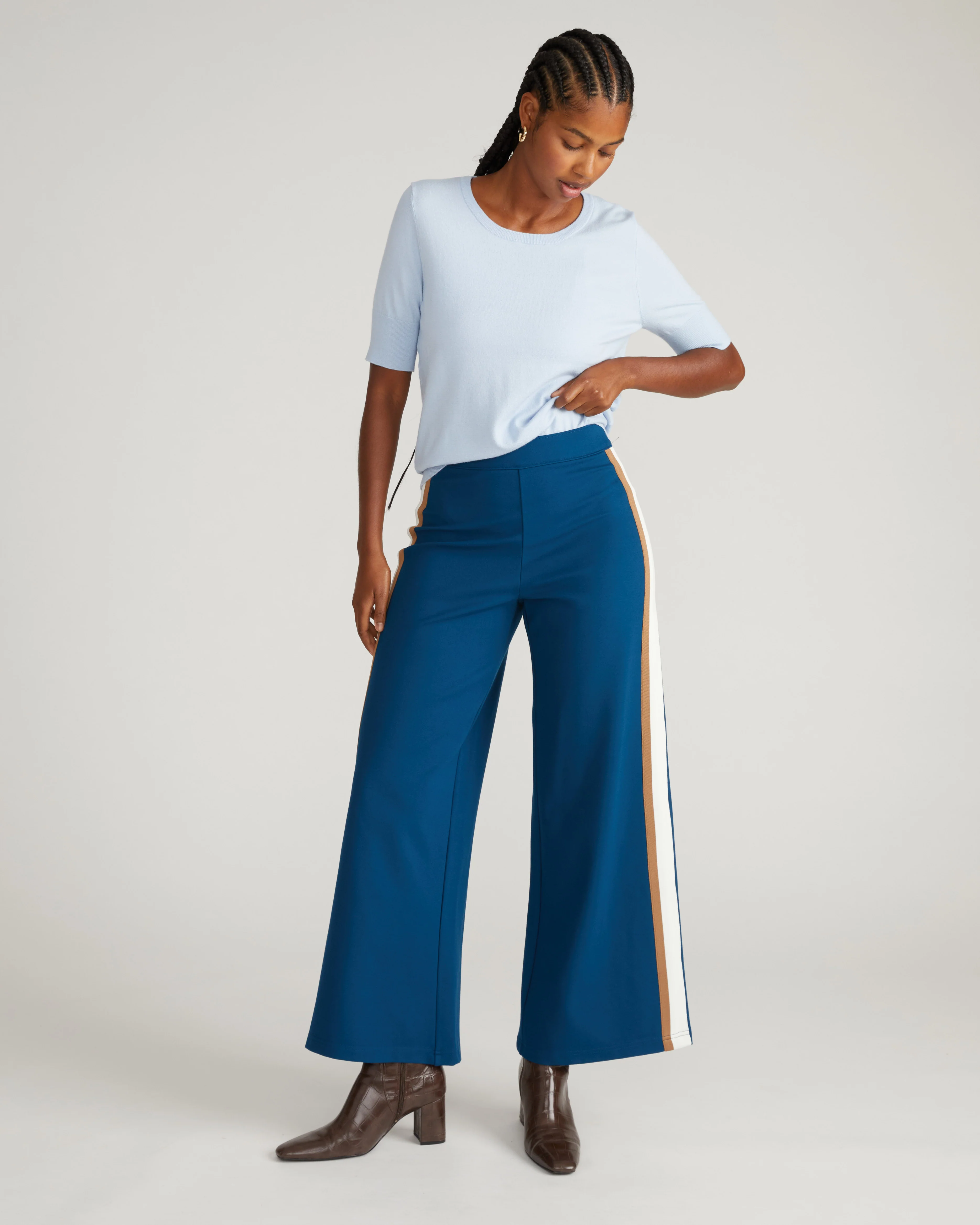 Stephanie Wide Leg Stripe Ponte Pants 30 Inch - Deep Teal with Camel/Ecru Stripe - Image 2