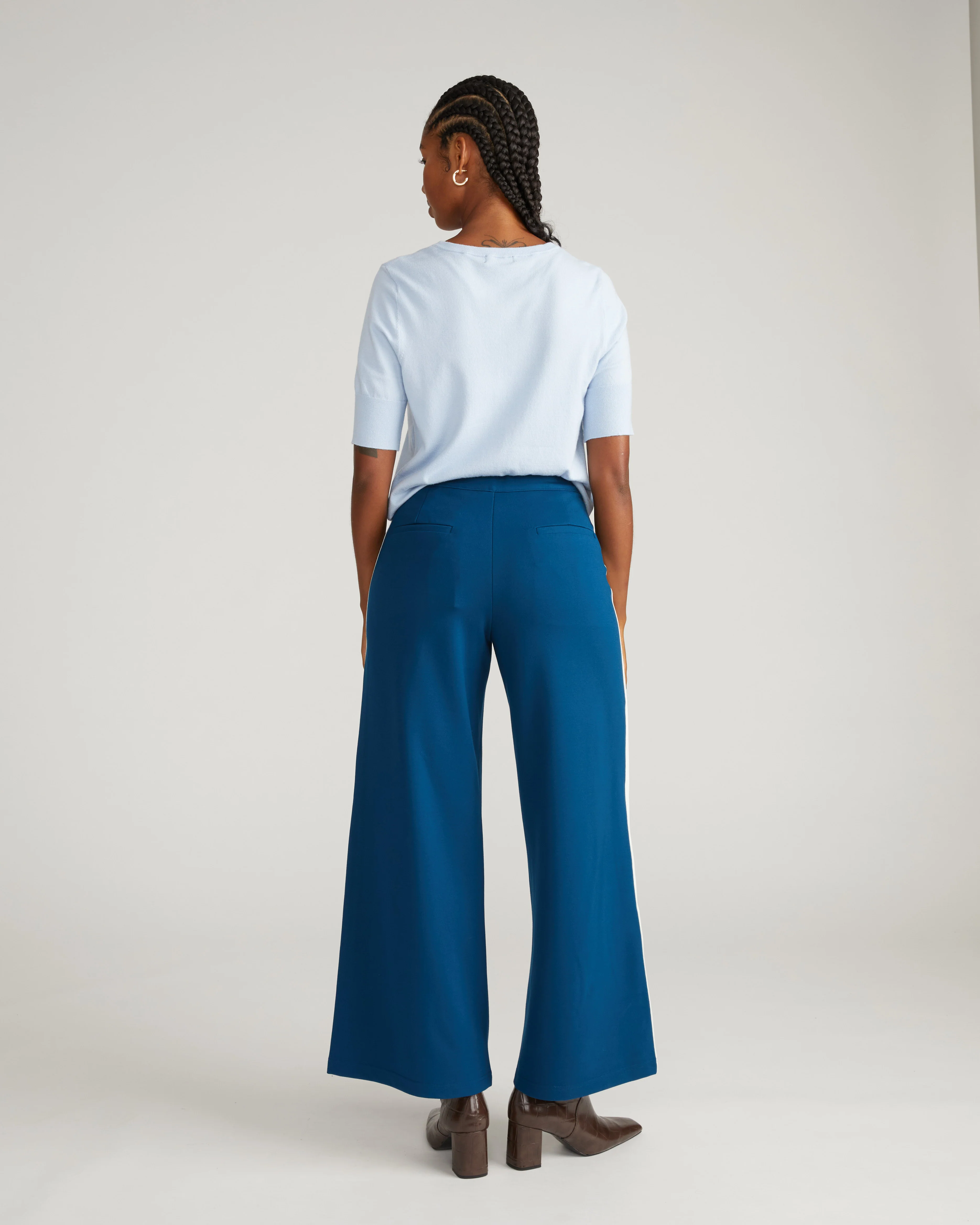 Stephanie Wide Leg Stripe Ponte Pants 30 Inch - Deep Teal with Camel/Ecru Stripe - Image 4