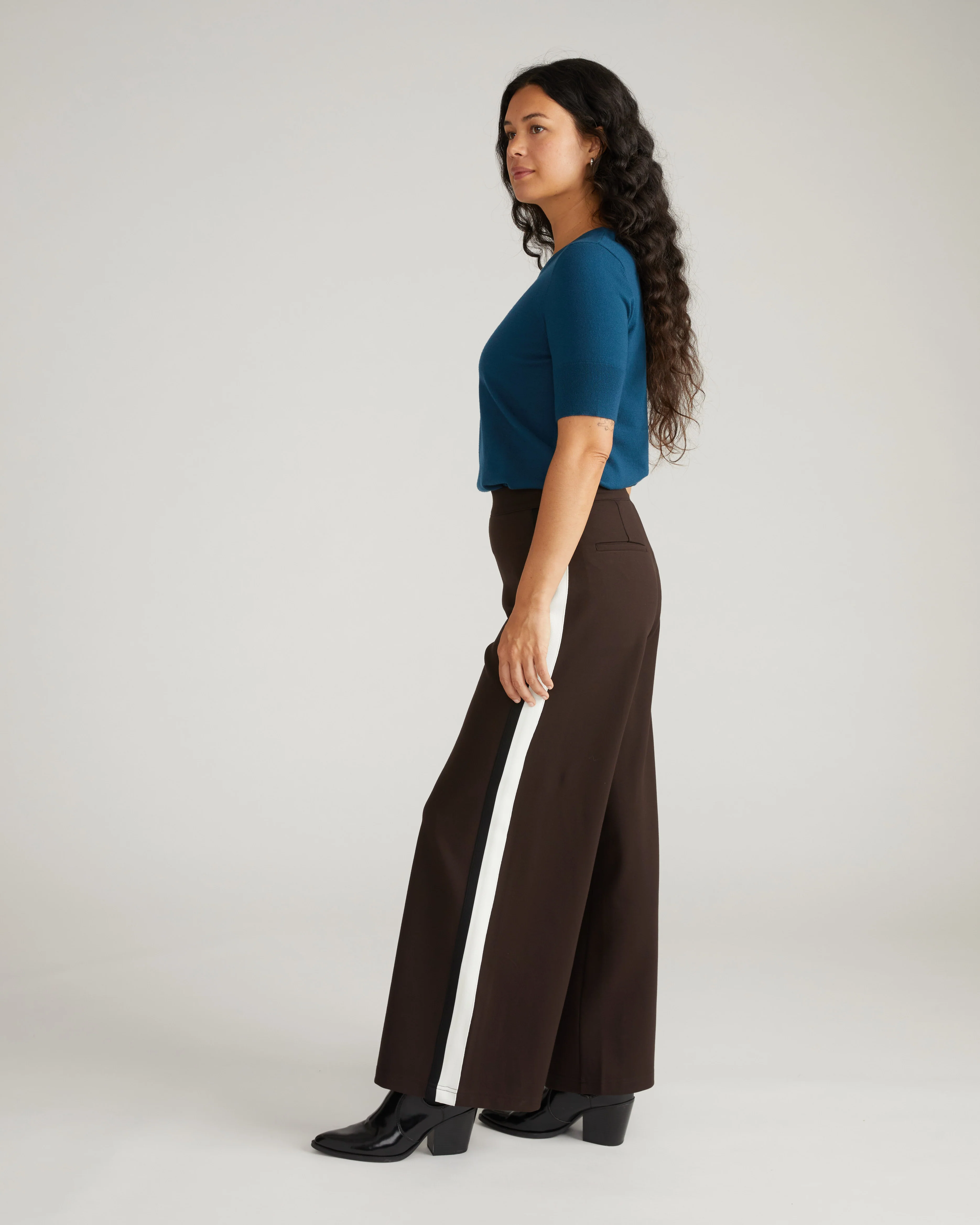 Stephanie Wide Leg Stripe Ponte Pants 30 Inch - Espresso with Black/Ecru Stripe - Image 5