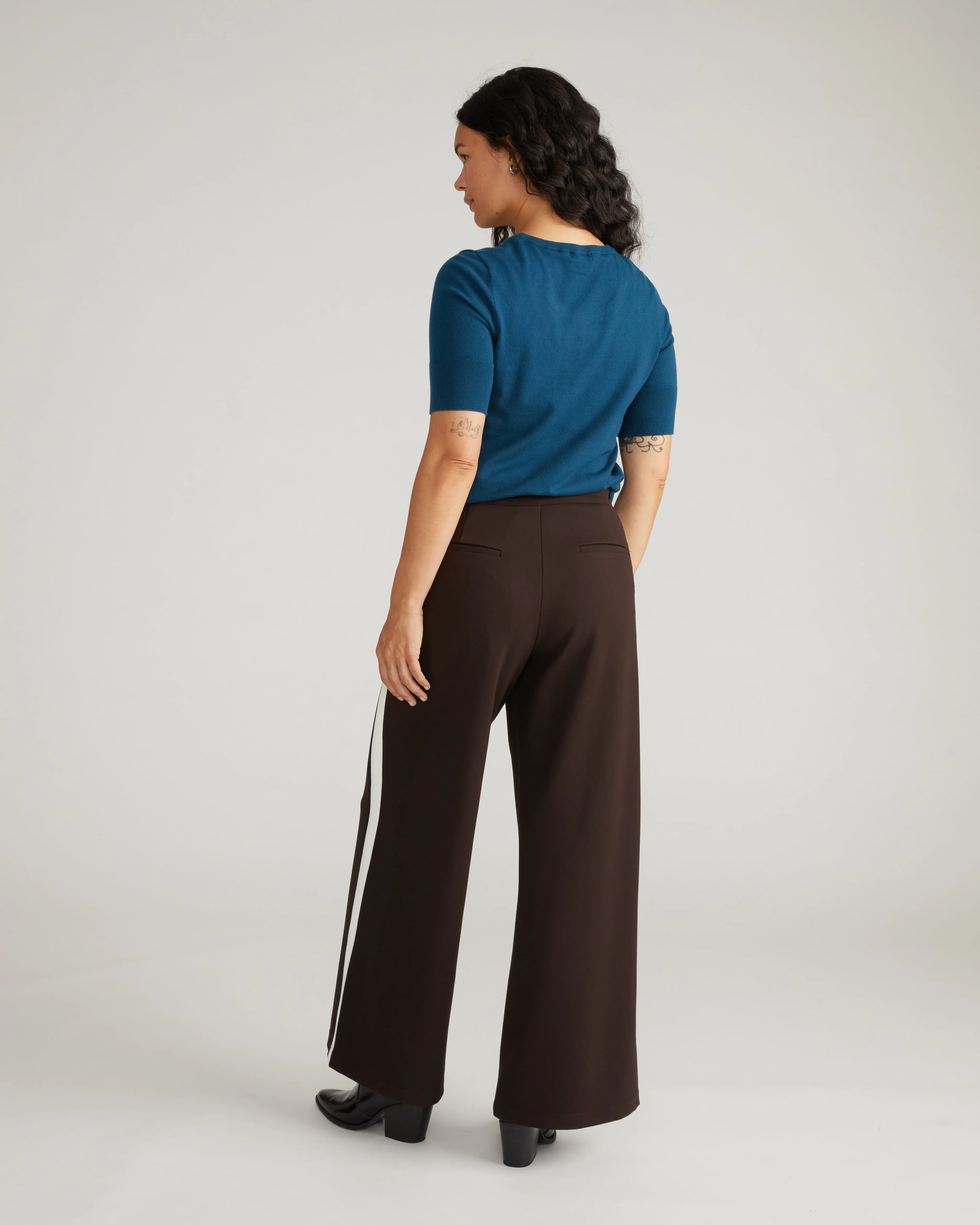 Stephanie Wide Leg Stripe Ponte Pants 30 Inch - Espresso with Black/Ecru Stripe - Image 6
