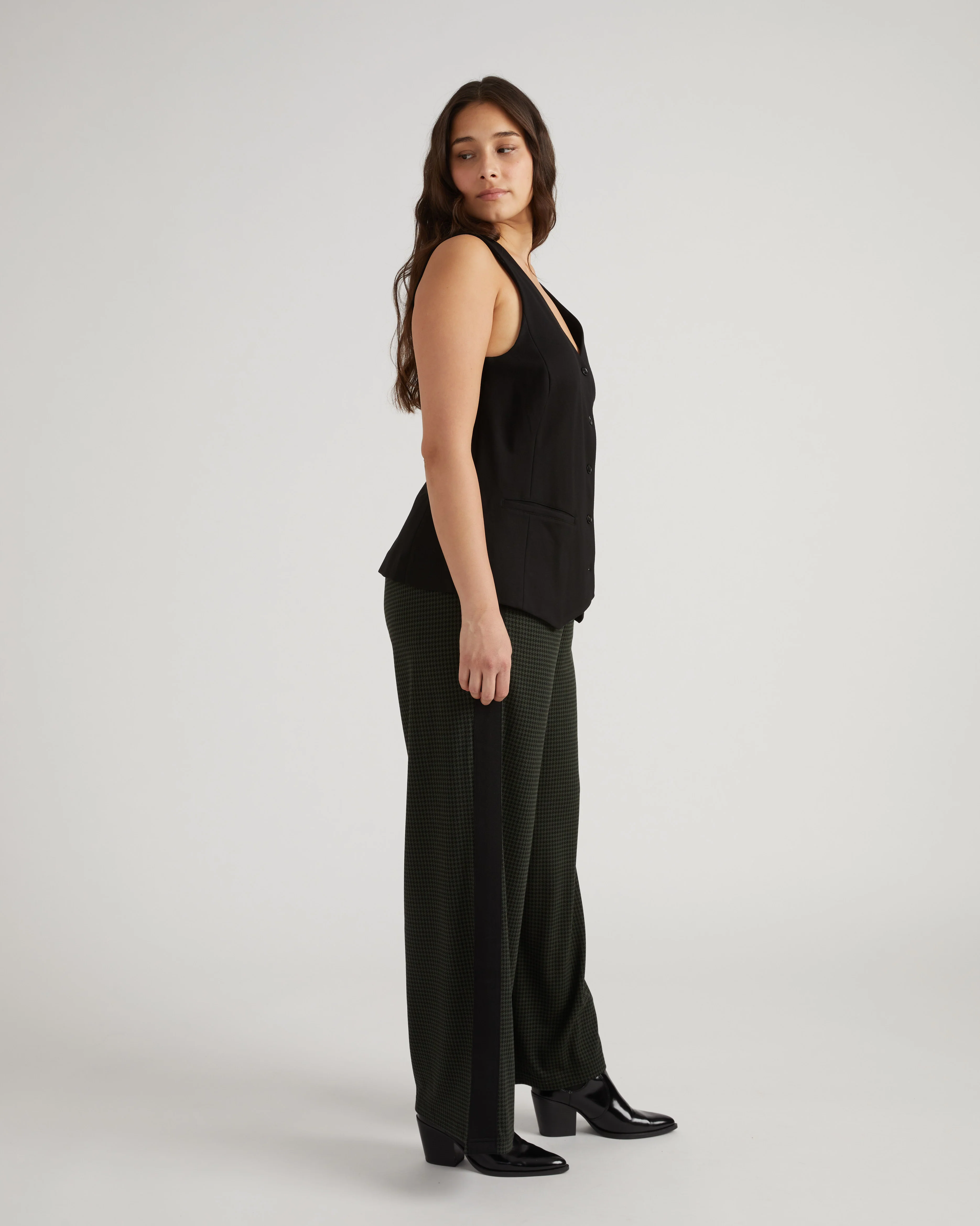 Stephanie Wide Leg Stripe Ponte Pants 30 Inch - Forest Houndstooth with Black Stripe - Image 3