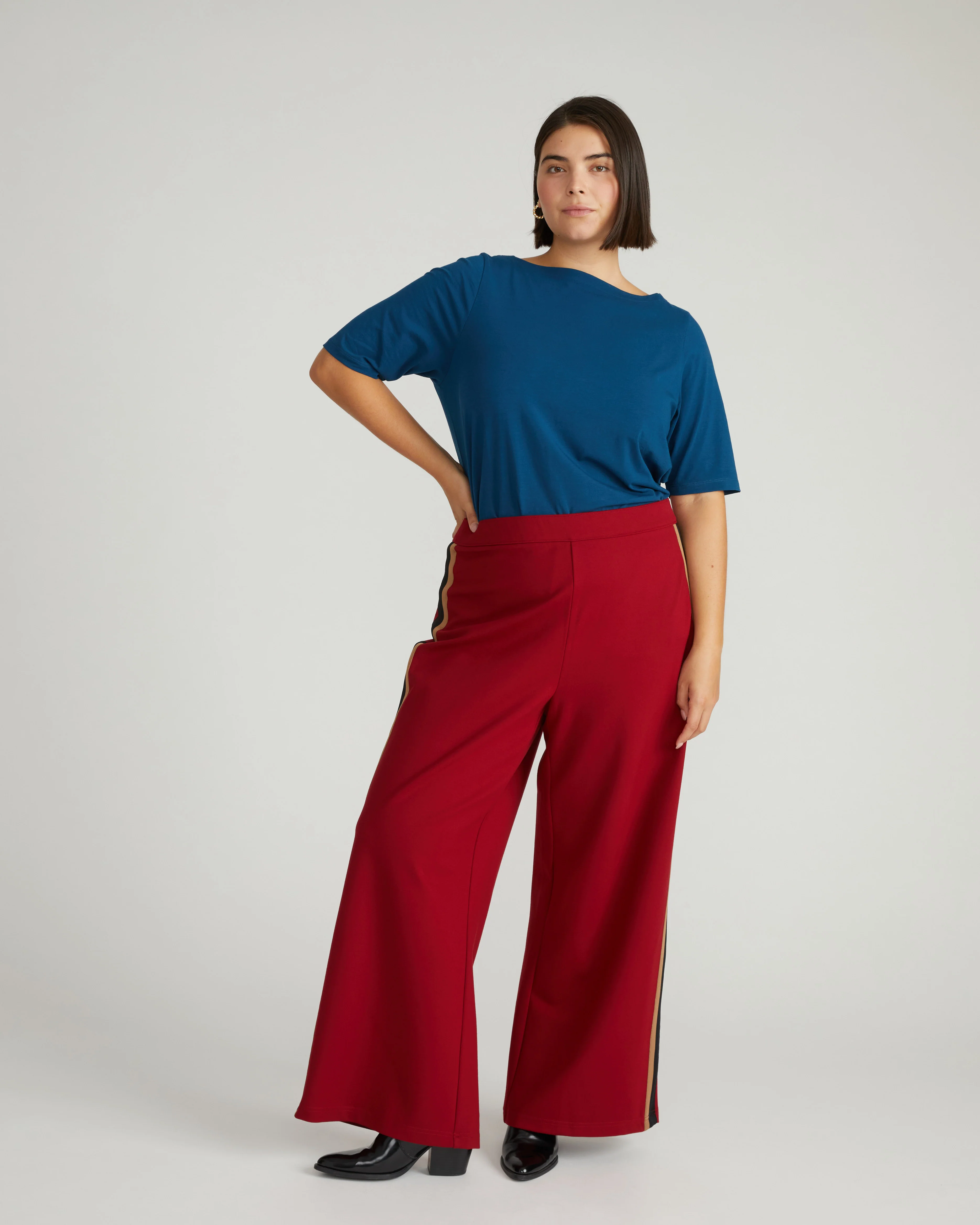 Stephanie Wide Leg Stripe Ponte Pants 30 Inch - Garnet with Camel/Black Stripe - Image 3
