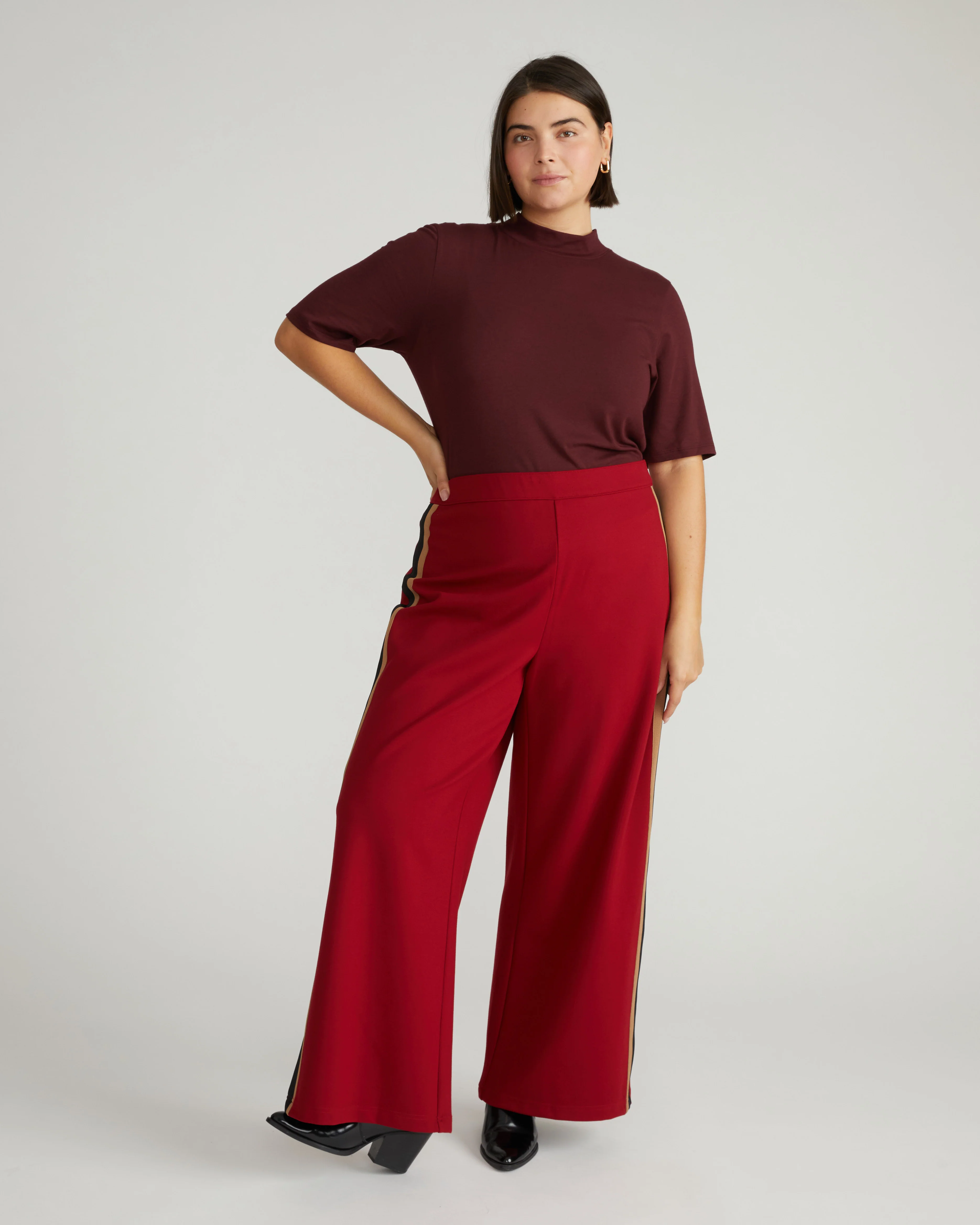 Stephanie Wide Leg Stripe Ponte Pants 30 Inch - Garnet with Camel/Black Stripe - Image 6