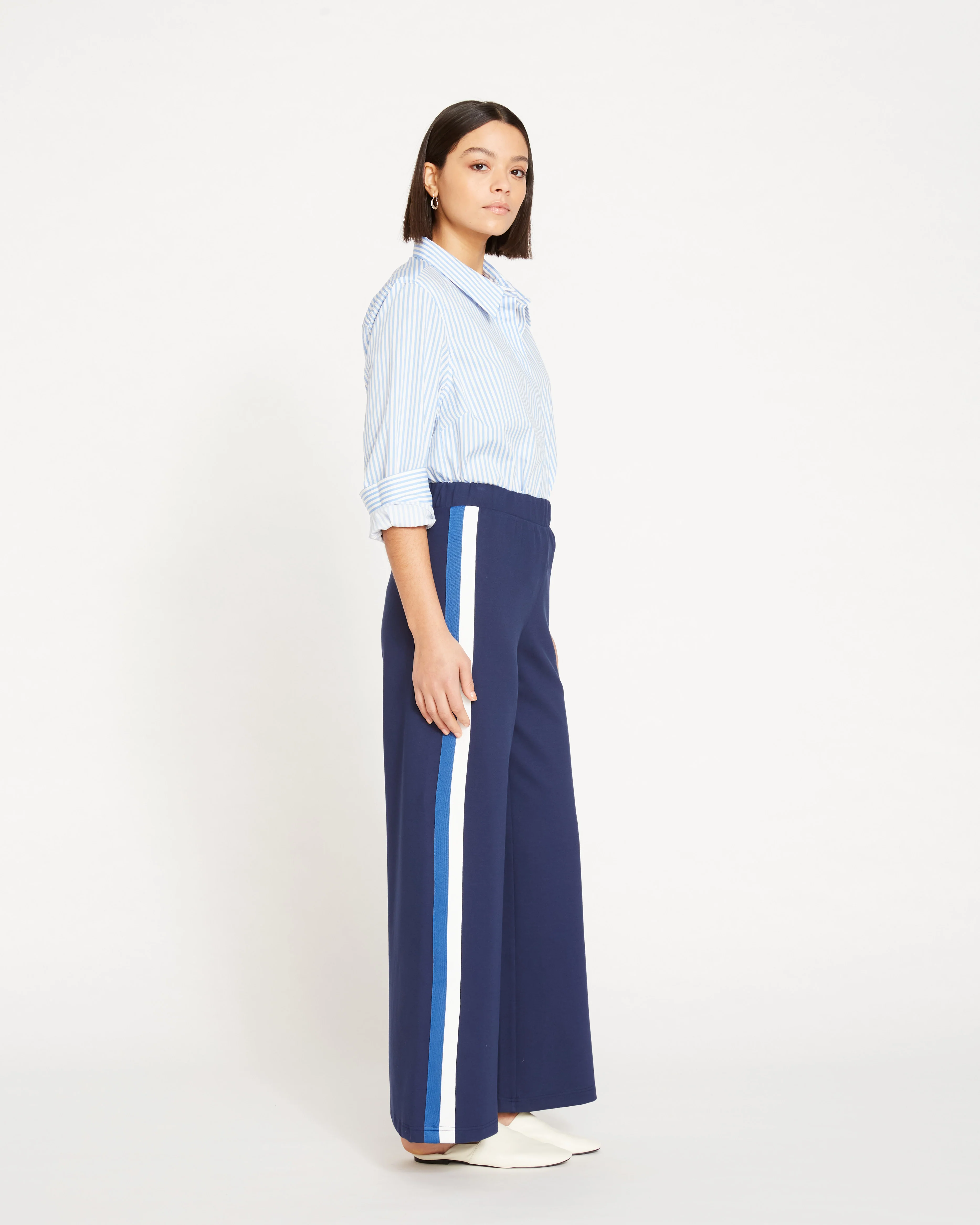Stephanie Wide Leg Stripe Ponte Pants 30 Inch - Navy with Blue/White Stripe - Image 3