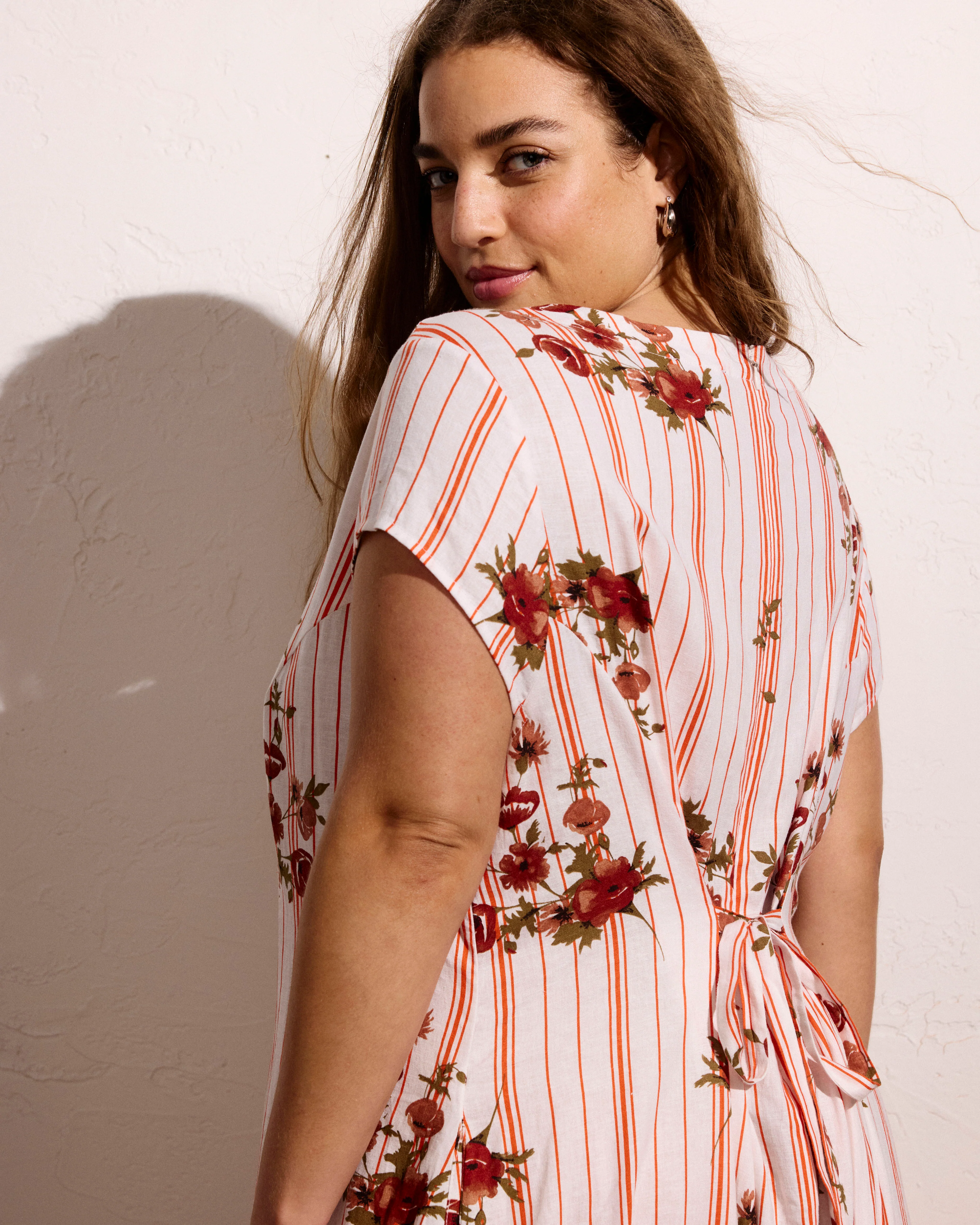 Sunset Linen Flounce Dress - Wild Flower Bouquet Print on Stripes - Image 2
