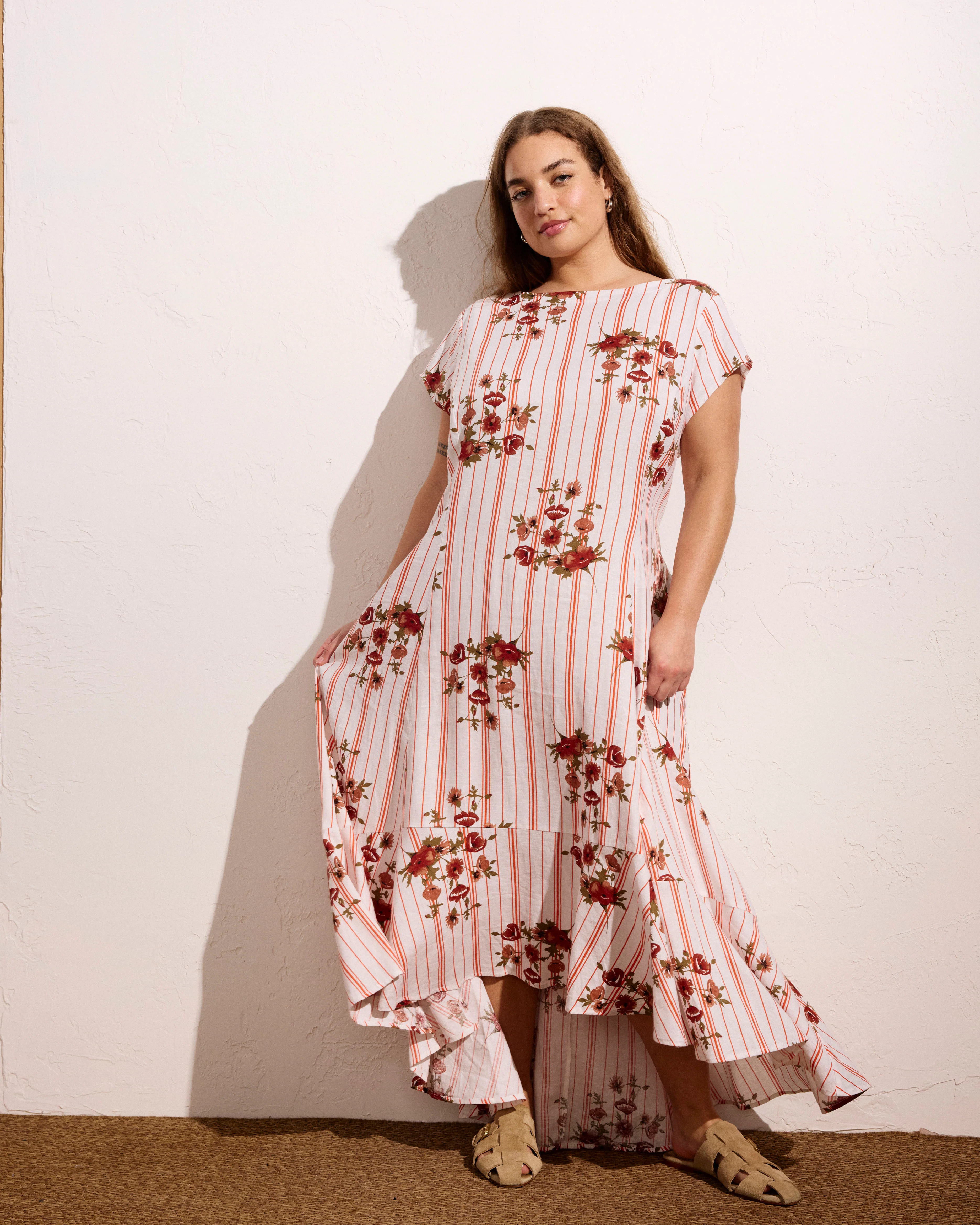 Sunset Linen Flounce Dress - Wild Flower Bouquet Print on Stripes - Image 4
