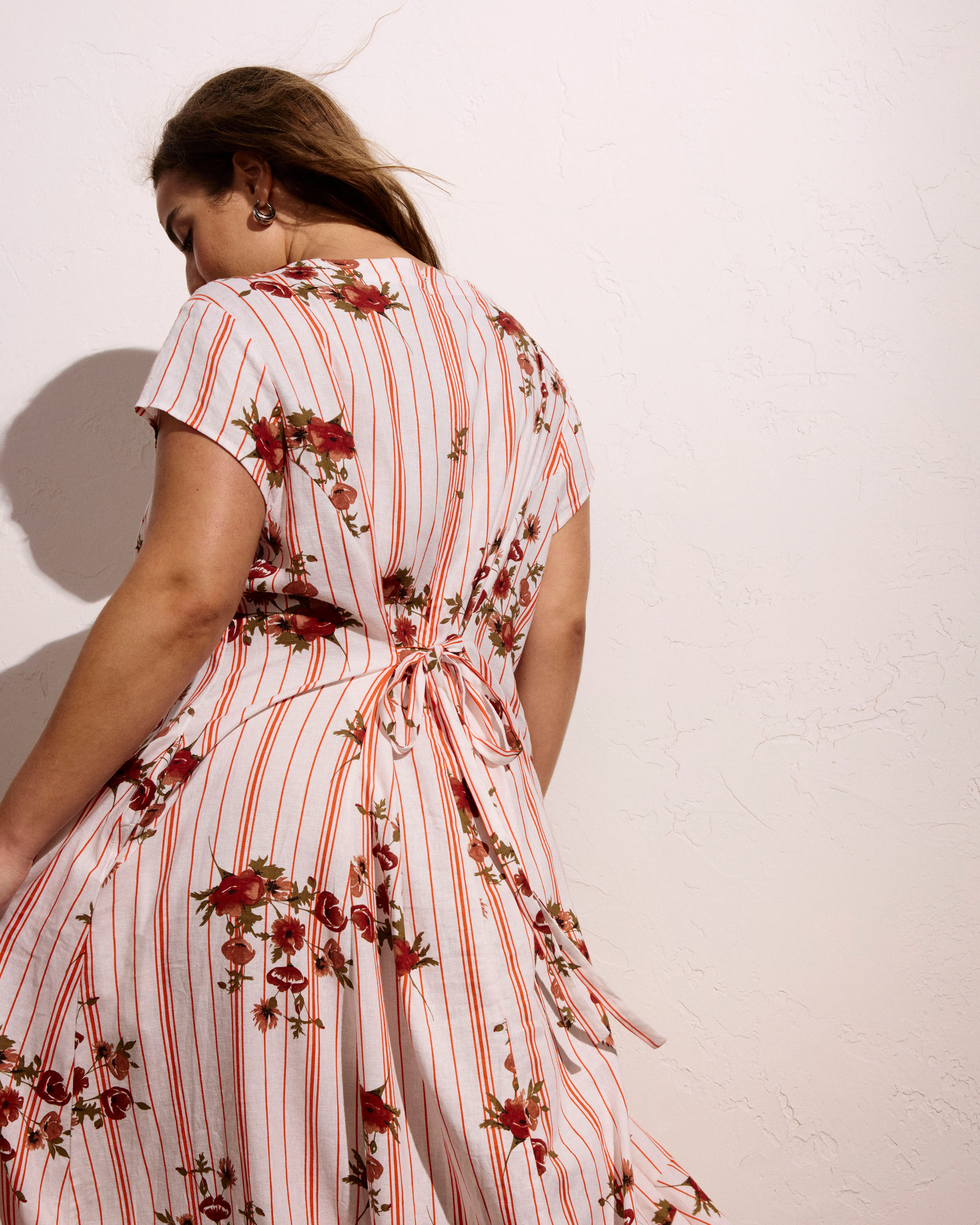 Sunset Linen Flounce Dress - Wild Flower Bouquet Print on Stripes - Image 7