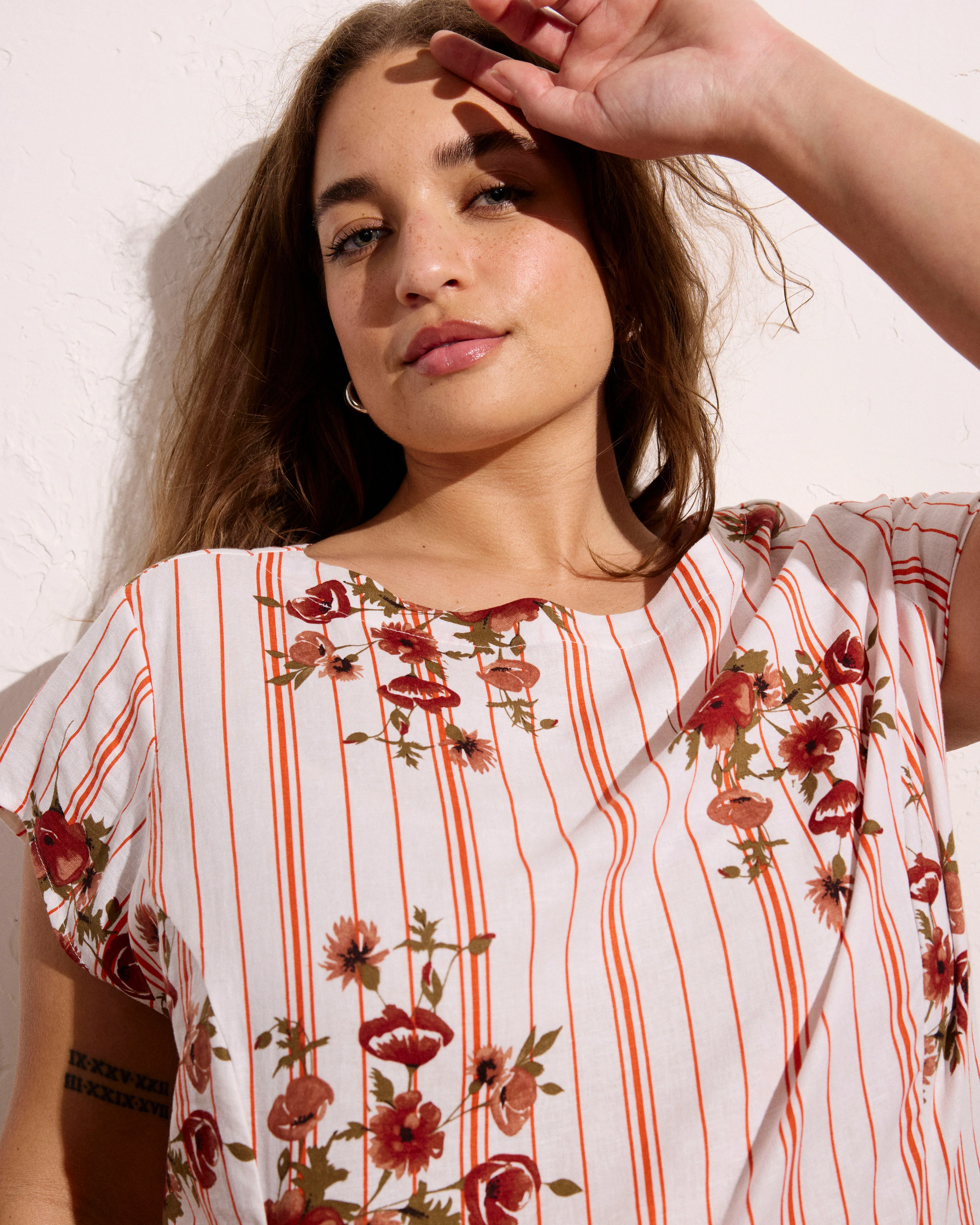 Sunset Linen Flounce Dress - Wild Flower Bouquet Print on Stripes - Image 8