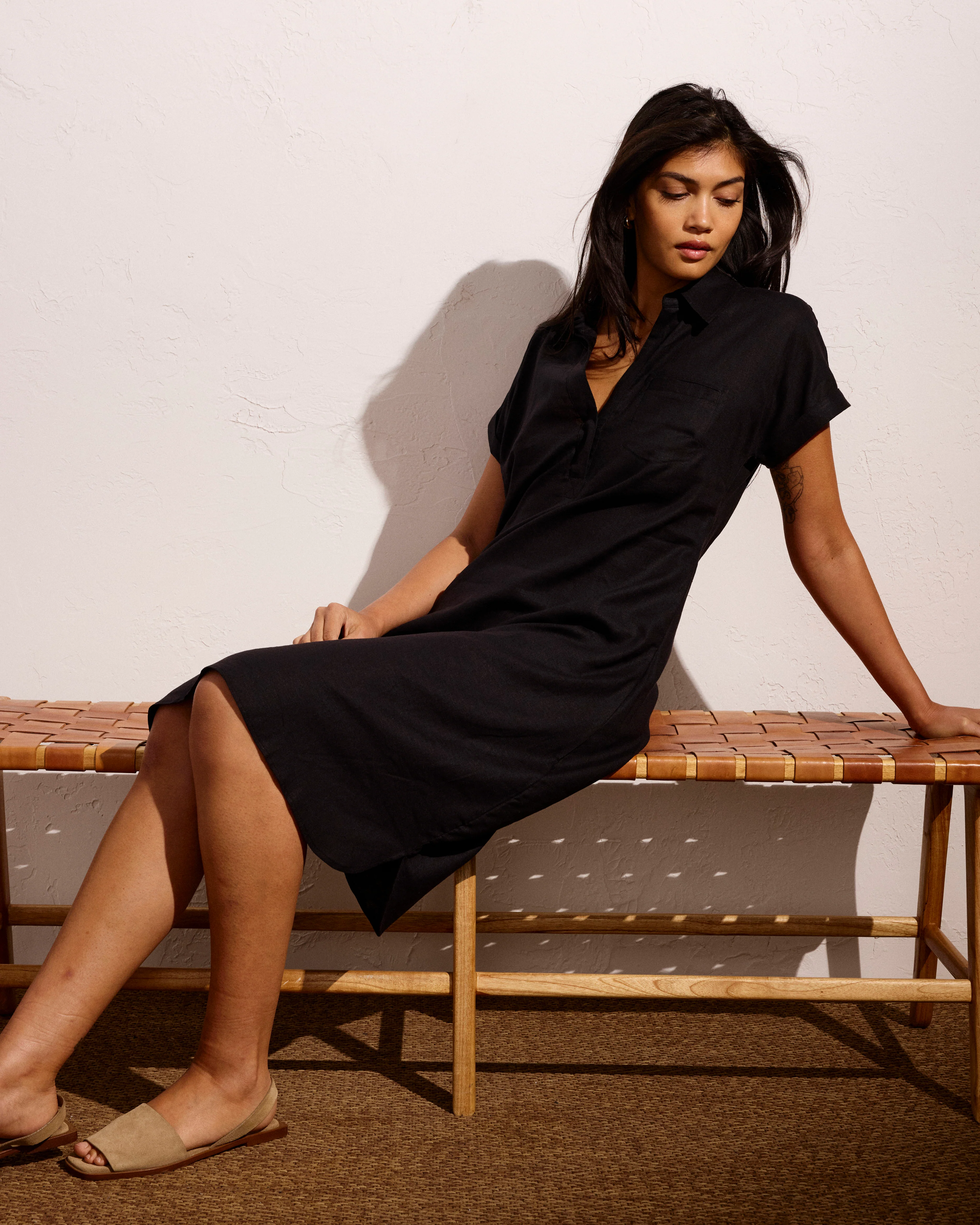Sunshine Linen Polo Dress - Black - Image 3