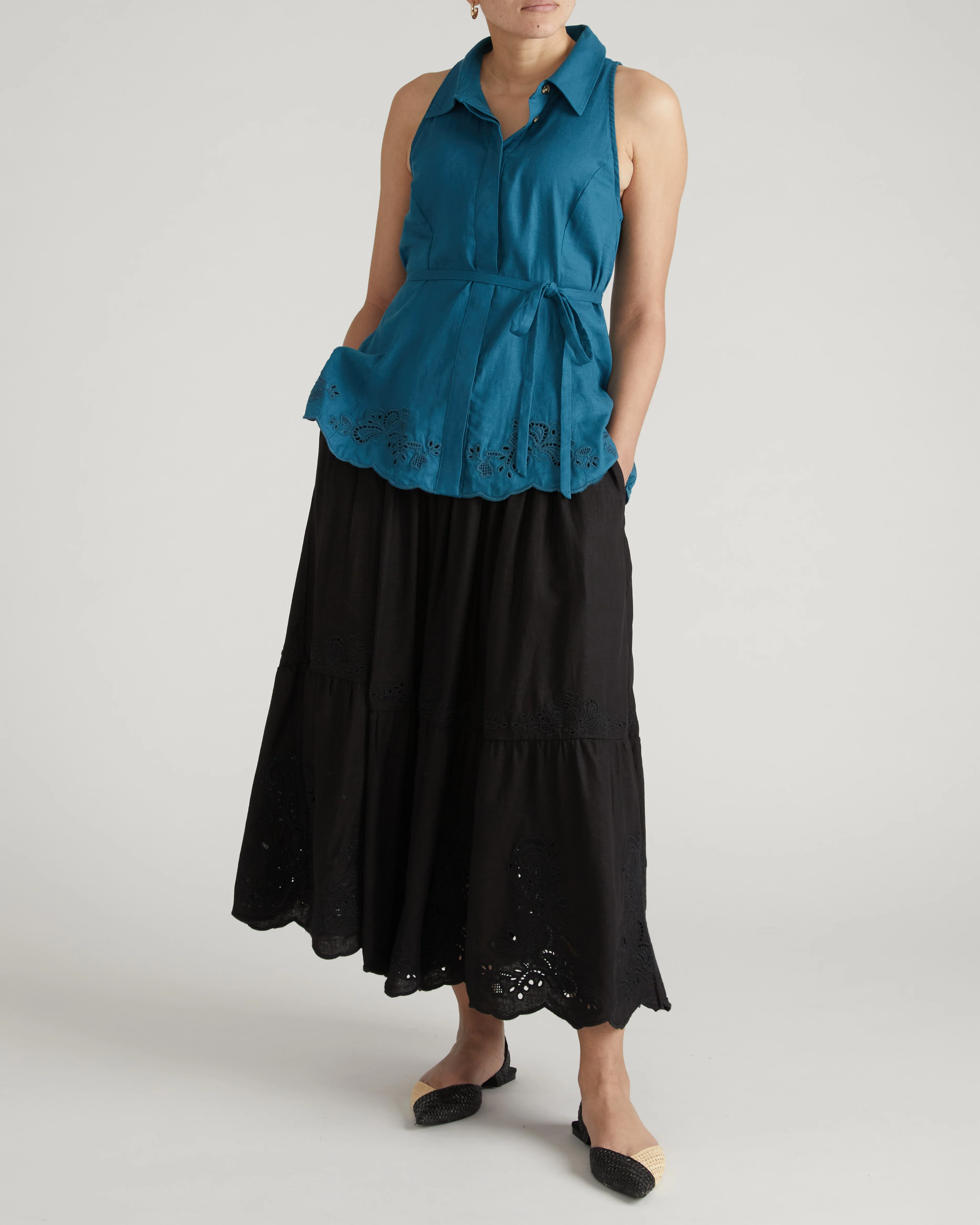 Tosca Embroidered Linen Maxi Skirt - Black - Image 4