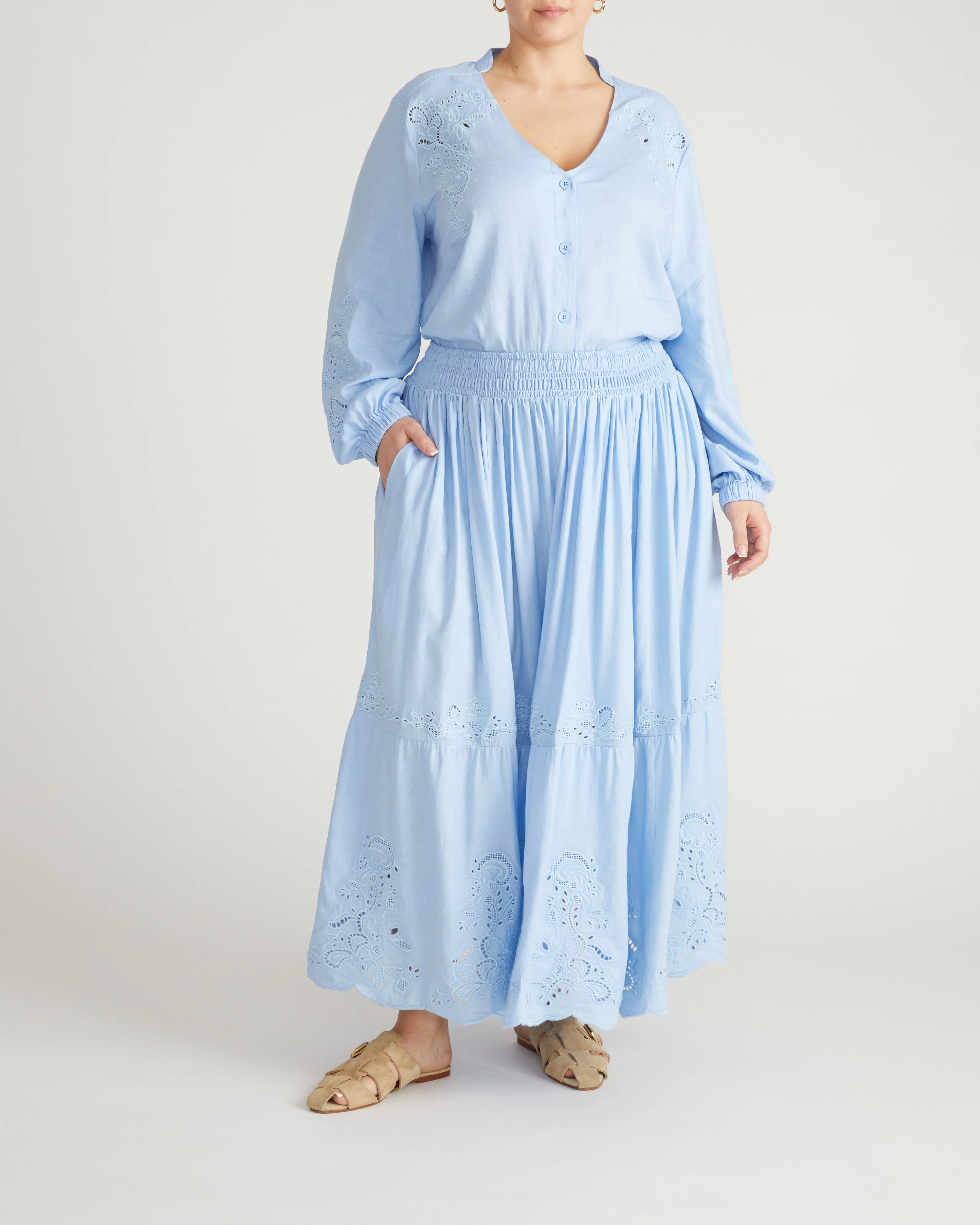 Tosca Embroidered Linen Maxi Skirt - Cielo Blue - Image 7