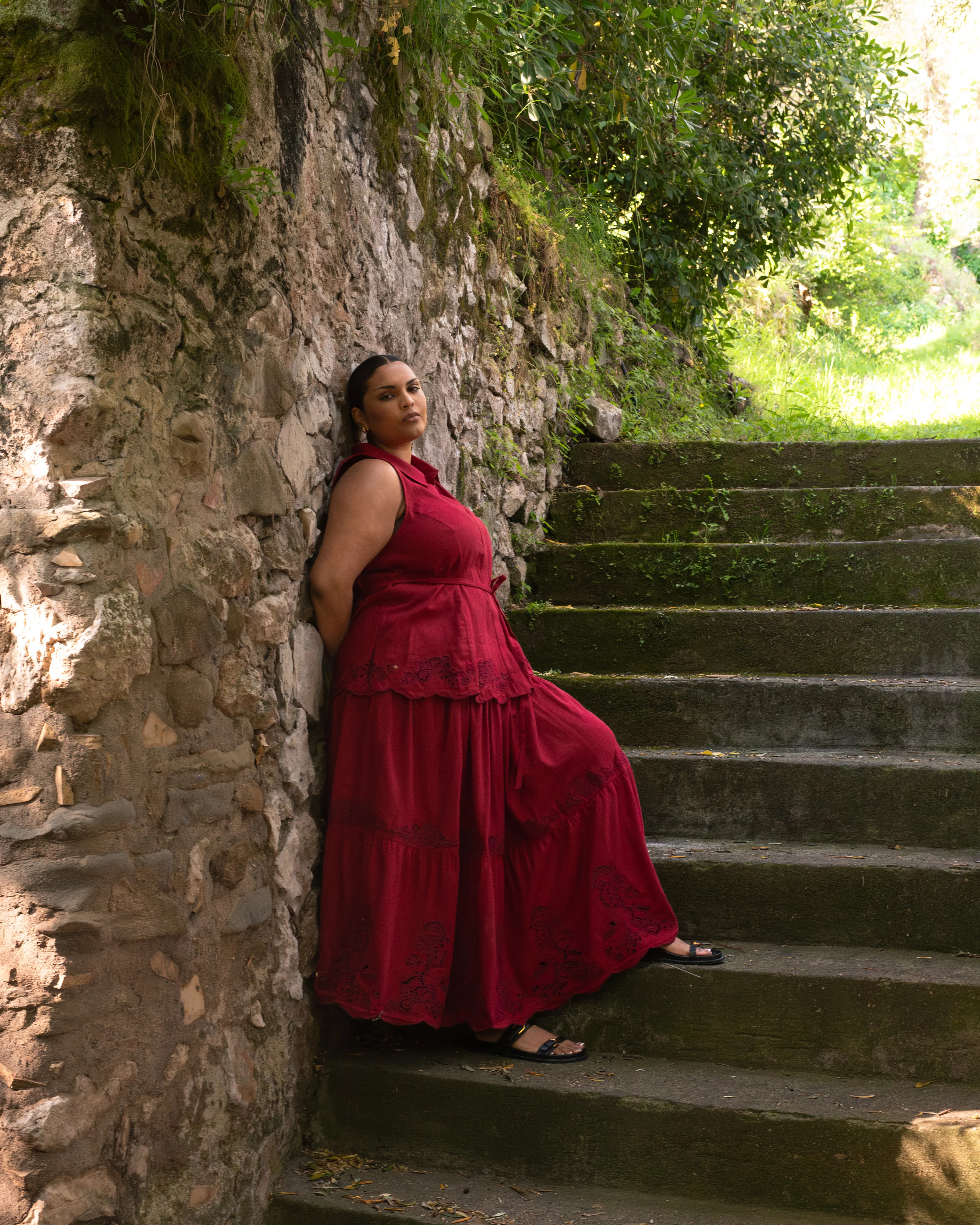 Tosca Embroidered Linen Maxi Skirt - Vibrant Red - Image 2