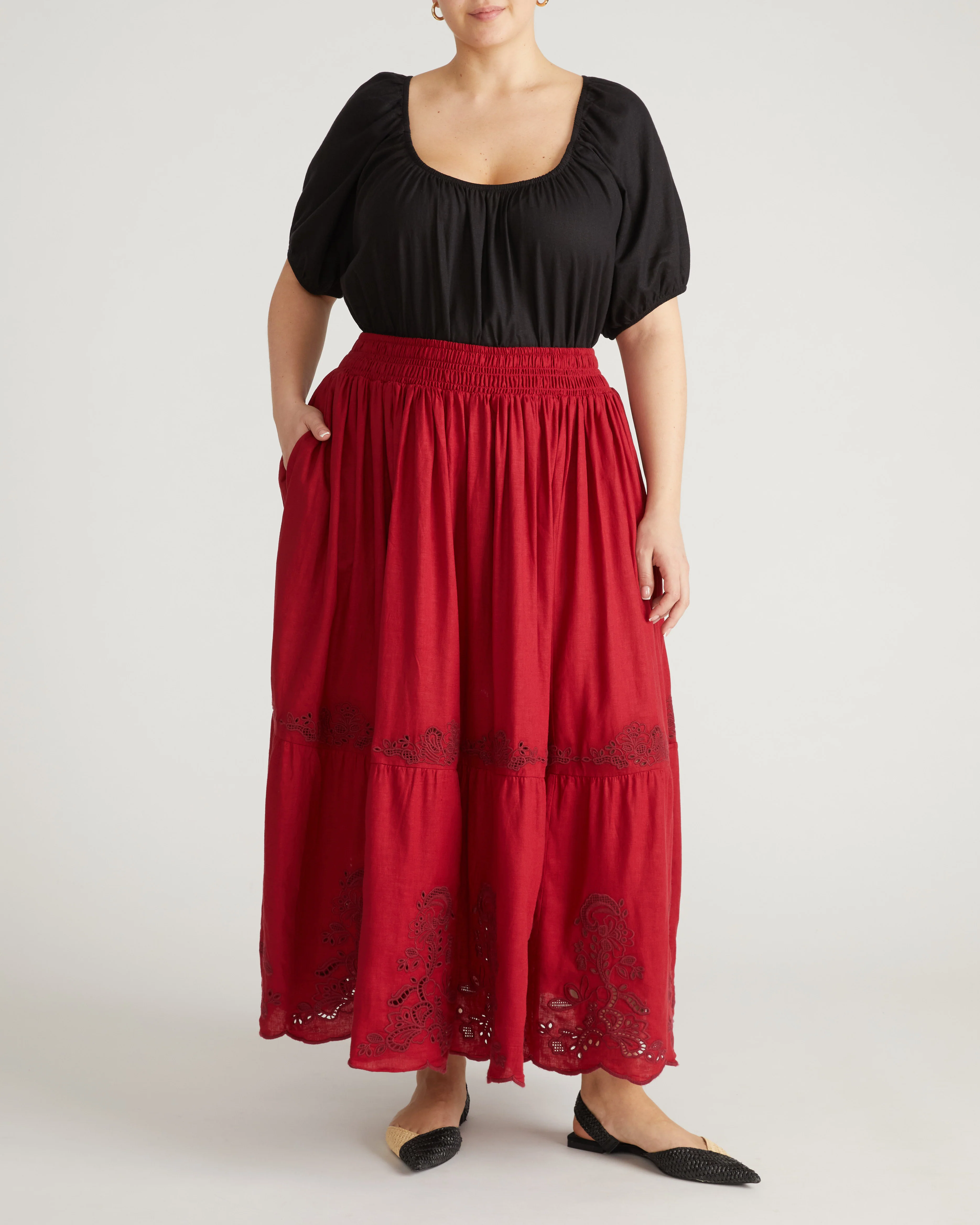 Tosca Embroidered Linen Maxi Skirt - Vibrant Red - Image 3