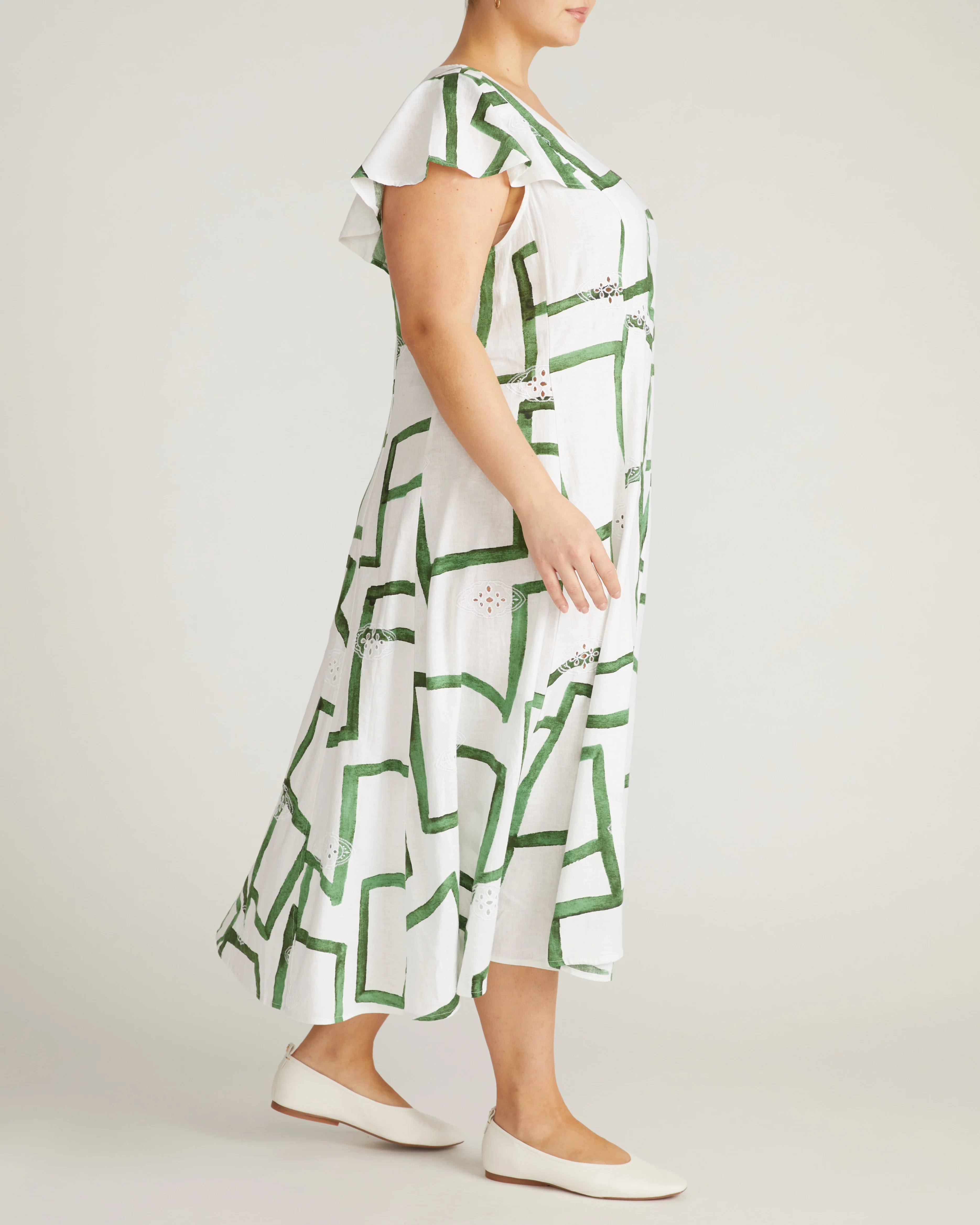 Victoria Linen Dress - Green Paint Print - Image 7