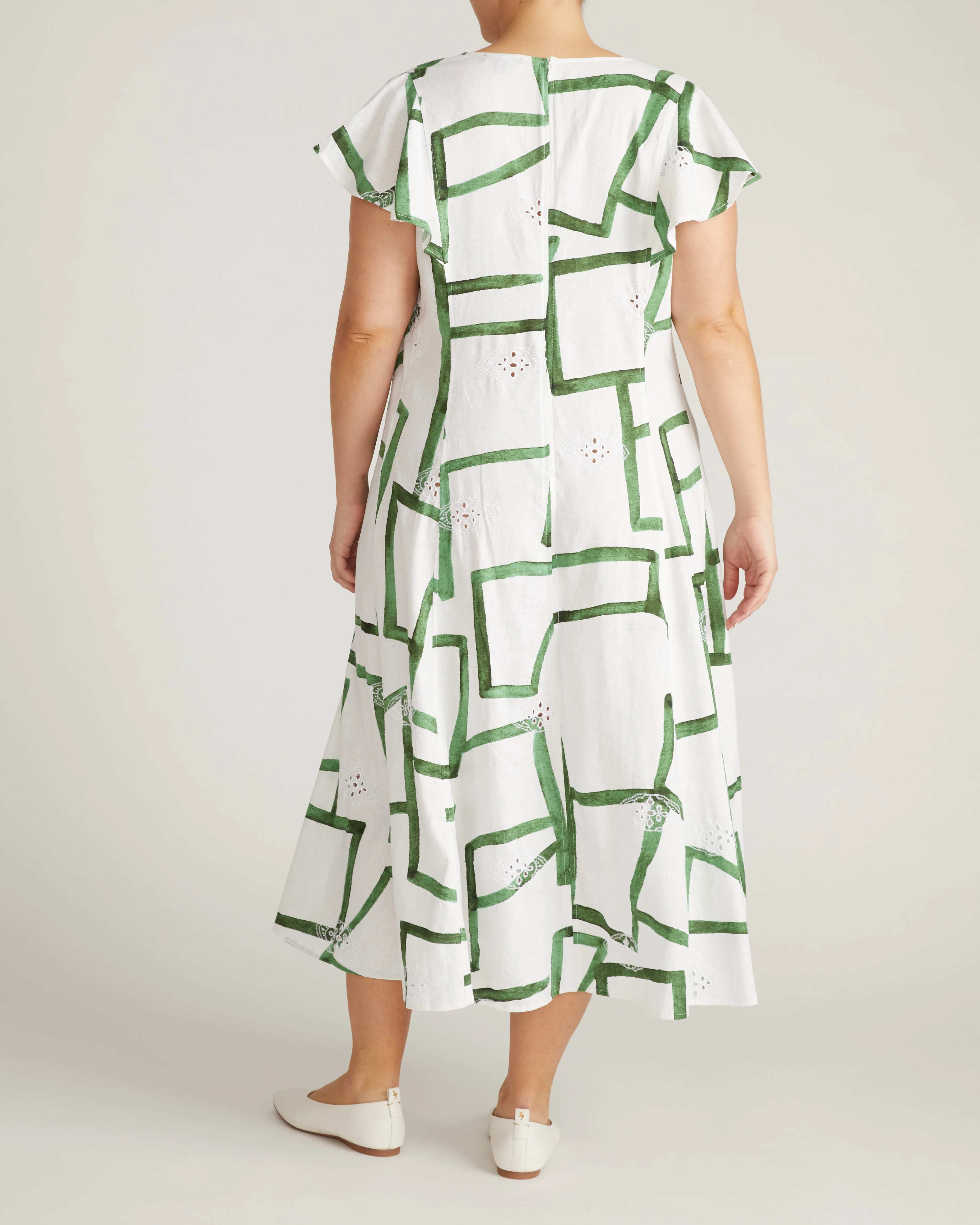 Victoria Linen Dress - Green Paint Print - Image 8
