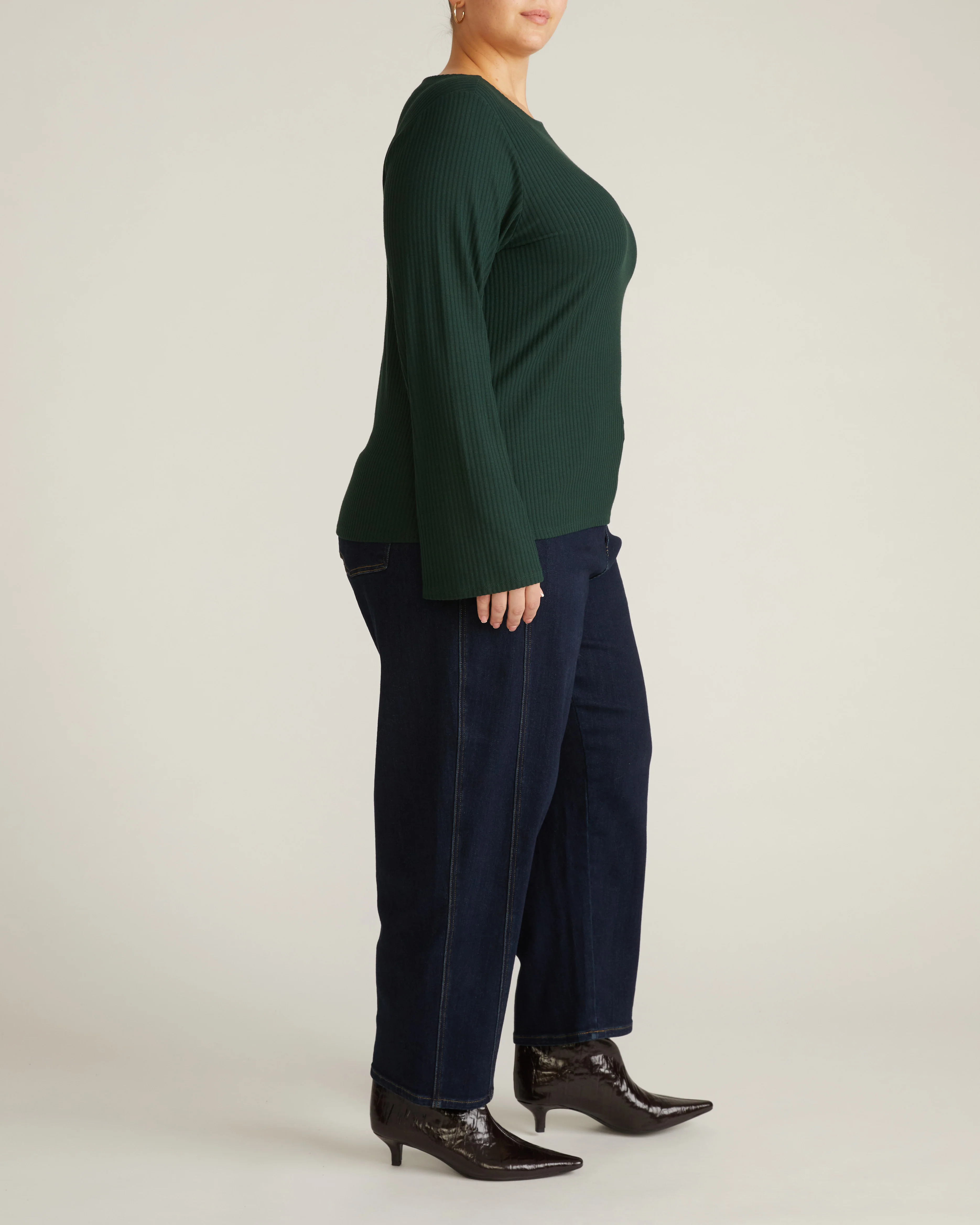 Yasmin Flare Sleeve Ribbed Top - Forest Green - Image 5