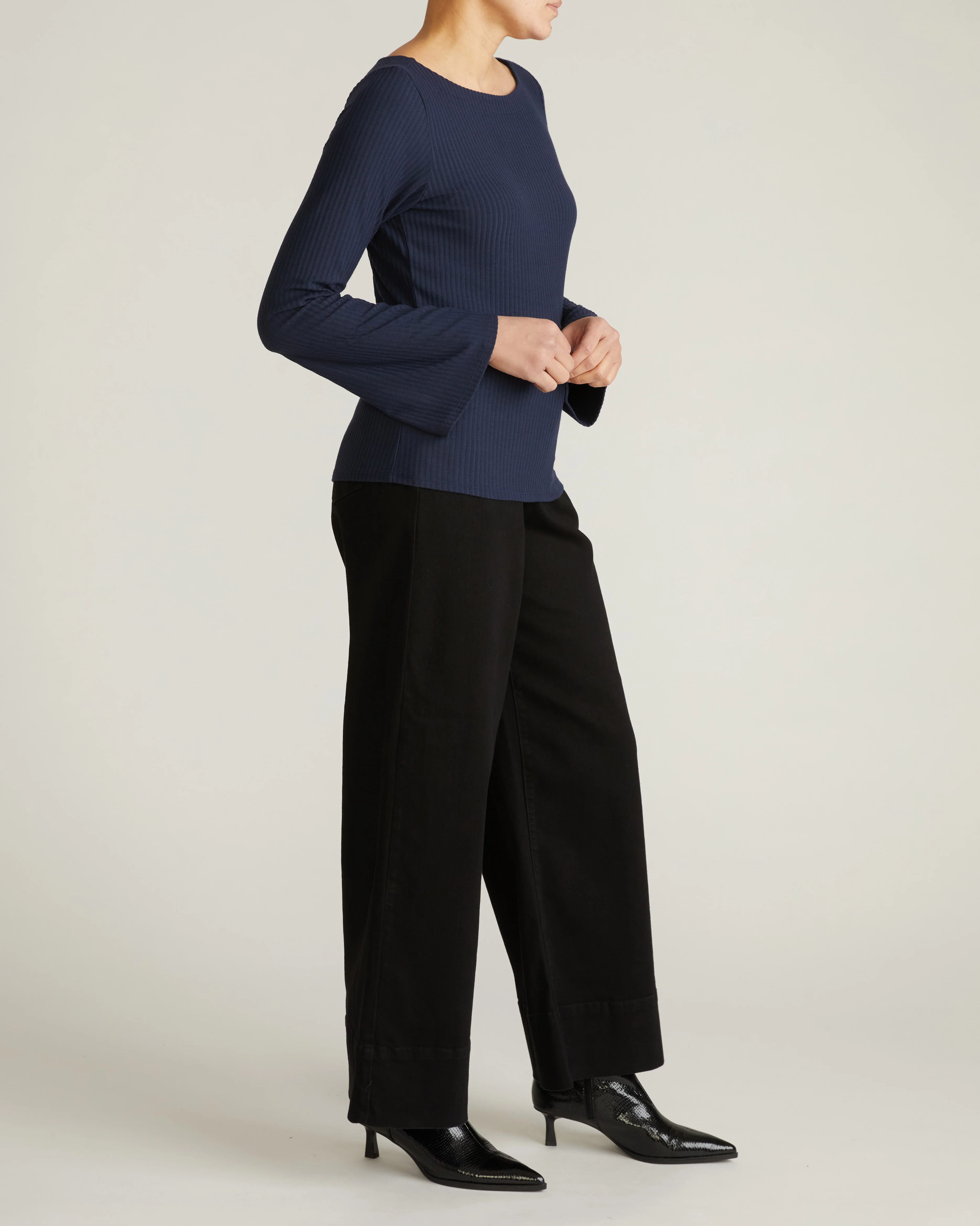 Yasmin Flare Sleeve Ribbed Top - Midnight - Image 3